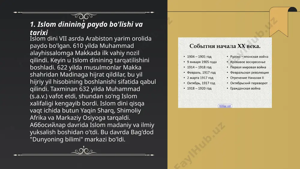 ai_bot islom qadriyatlari va axloq-odob normalari musulmon jamiyatlarida muhim o‘rin tutadi. islomda asosiy qadriyatlar qur'on va hadislarda bayon etilgan. islom axloqi to‘g‘riso‘zlik, adolat, sabr, saxovat, yaxshilik, va adolatli munosabat kabi jihatlarni o‘z ichiga oladi. masalan, to‘g‘riso‘zlik (sidiq) islomiy axloqda muhim hisoblanadi va har qanday vaziyatda rostgo‘y bo‘lish talab etiladi. saxovat (karam) esa jamiyatda bir-biriga yordam berishni ta'kidlaydi. islomda 5 asosiy ustun mavjud: shahodat, namoz, ro‘za, zakot, va haj. ushbu ustunlar musulmonlarning axloqiy va diniy hayotini shakllantiradi, ijtimoiy birdamlikni mustahkamlaydi. ... t.me/slaydai_bot 7. islom madaniyatining rivojlanishi islom madaniyatining rivojlanishi vii asrda muhammad payg'ambarning makka va madinadagi faoliyati bilan boshlanadi. islom dinining tarqalishi arab yarim orolidan tashqariga chiqib boʻlsa, ilm-fan va madaniyatda katta yutuqlarga olib keldi. ix-x asrlarda bagʻdod, buxoro va qohira ilm-fan markazlari sifatida tanildi. al-xorazmiy matematika sohasida, ibn sinoning tibbiyotda katta hissasi bo'lgan. o'rta asrlar islom olimlari astronomiyadan kimyogacha, falsafadan geografiyagacha boʻlgan sohalarda muhim ishlarni amalga oshirdi. shu bilan birga, …