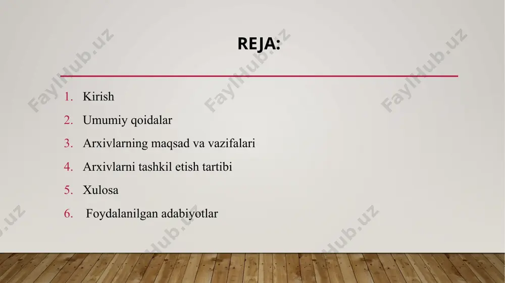 h uchun ko‘maklashish; siyosiy, gumanitar, iqtisodiy, madaniy rivojlanish va davlat taraqqiyotining boshqa sohalaridagi yutuqlari to‘g‘risida arxiv ekspozitsiyalarini tashkil etish;fuqarolar uchun mamlakatning madaniy merosi hisoblangan arxiv hujjatlarini saqlash, o‘rganish, to‘ldirib borish va namoyish etish; davlat arxivlarini tashkil etish davlat arxivi — milliy arxiv fondining davlatga tegishli qismiga kiritilgan arxiv hujjatlarini, shuningdek davlat mulki bo‘lgan boshqa arxiv hujjatlarini jamlash, hisobga olish, saqlash va ulardan foydalanishni amalga oshiradigan muassasa. tarmoq davlat arxivi — milliy arxiv fondining davlatga tegishli qismini doimiy saqlash huquqi berilgan vazirliklar, davlat qo‘mitalari va idoralar tomonidan tuziladigan davlat arxivi.davlat arxivlari faoliyat doirasidan kelib chiqib, quyidagi toifalarga ajratiladi: nodavlat arxivlarni tashkil etish nodavlat arxivi — milliy arxiv fondining davlatga tegishli bo‘lmagan qismiga kiritilgan arxiv hujjatlarini, shuningdek davlat mulki bo‘lmagan boshqa arxiv hujjatlarini jamlash, hisobga olish, saqlash va ulardan foydalanishni amalga oshiruvchi muassasa.nodavlat arxivlari mulkdorlar (muassislar)ning tegishli qarori asosida tashkil etiladi. nodavlat arxivini yuridik shaxs sifatida davlat ro‘yxatidan o‘tkazish mahalliy davlat hokimiyati …