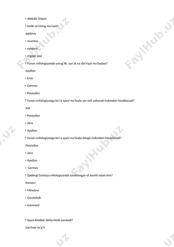 y biri masalchilikning otasi hisoblangan? ezop = hesoid = sapfo = homer ? qadimgi yunonlar nazarida homer qatorida turadigan ikkinchi ulug‘ shoir kim? hesoid = ezop = sapfo = homer ? “mehnat va kunlar” dostoni muallifi kim? hesoid = ezop = sapfo = homer ? qadimgi manbalarda o‘nta kitob yozgani haqida ma’lumotlar keltirilgan. biroq bularning barchasi, nasroniy ruhoniylarining amriga ko‘ra, ix asrda yondirib yuborilgan. gap kim haqida borgan? sapfo = ezop = hesiod = homer ? muhabbat mavzusidagi she’rlar yozgan shoirani belgilang? sapfo = ezop = hesiod = homer ? quyidagi qaysi manba marhumlarga bag‘ishlangan bo’lib, marhum u dunyoda nimalar qilishi kerakligi haqida devorlarga yozuvlar shaklida bitilgan? piramidalar kitobi = marhumlar kitobi = sarkafaglar = imxotep ? jahonga mashhur “choliqushi” asari qanday janrda yozilgan? roman = qissa = novella = hikoya ? “gulliverning sayohatlari” asari qanday mazmundagi roman sanaladi? fantastiksarguzasht = tanqidiyrealistik = hayotiymaishiy = romantik ? “ilohiy komediya” asari …