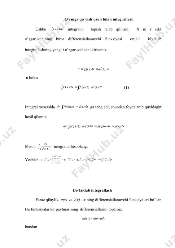 hosil qilamiz. yoki (2) bu formula bo`laklab integrallash formulasi deyiladi. bunda integrallarning ikki turini ajratib, ko`rsatish mumkin. birinchi turga rn(x) ko`phadning ko`rsatkichli yoki trigonometrik funksiyaga ko`paytmasini o`z ichiga olgan integrallar kiradi. bunda u orqali rn(x) ko`phad belgilanadi, qolgan hamma ifoda esa dv orqali belgilanadi. ikkinchi turga rn(x) ko`phadning logarifmik yoki teskari trigonometrik funksiyaga ko`paytmasi qatnashgan integrallar kiradi. bu holda dv bilan rn(x)dx ifoda belgilanadi, qolgan hamma ifoda esa u orqali belgilanadi. 1-misol : integralni hisoblang. yechish: integral birinchi turga tegishli, shuning uchun quyidagicha belgilash kiritamiz. u=x ; dv=e-x dx du=dx; v= =q-e-x ( v ni topishda c o`zgarmas son yozilmaydi, uni oxirgi natijada yozish kerak). bo`laklab integrallash qoidasi bir necha marta qo`llanilishi mumkin. 2-misol: integralni hisoblang. yechish: ba`zi holda shunday integrallar uchraydiki, bunda bo`laklab integrallash formulasini takroran qo`llash natijasida dastlabki integral hosil bo`ladi. bu holda hosil qilingan tenglamani dastlabki integralga nisbatan yechish kerak. 3-misol : integralni hisoblang. yechish: mustaqil ish …