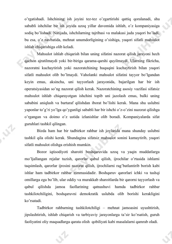 iy va murakkab sharoitlarda bir qarorni tayyorlash va qabul qilishda jamoa faollarining qatnashuvi hamda tadbirkor rahbar tashkilotchiligini, boshqaruvni demokratik uslubda olib borishi kerakligini ko’rsatadi. tadbirkor rahbarning tashkilotchiligi – mehnat jamoasini uyushtirish, jipslashtirish, ishlab chiqarish va tarbiyaviy jarayonlarga ta’sir ko’rsatish, guruh faoliyatini oliy maqsadlarga qarata olish qobiliyati kabi masalalarni qamrab oladi. tadbirkor rahbarning tashkilotchilik qobiliyatining ikkinchi yo’nalishi – ishlab chiqarish tizimini yaxshilash tadbirlariga qaratilmog’i, yangi jamoada axloqiy-ruhiy muhitni qaror toptirish, yangi texnologiyani joriy etish, kuchlarni tezkor ishlarni bajarishga qaratish, boshqaruvdagi odamlarni imkon qadar kamaytirish, yangi xodimlar malakasini oshirib borish, odamlardagi «boqimandalik» ruhiyatiga barham berish, ishda har xil mojarolar kelib chiqishiga yo’l qo’maslik, mehnat intizomiga qattiq rioya qilishdir. bozor iqtisodiyoti sharoitida tadbirkor rahbar faoliyatining mazmuni – uning boshqarish san’atini nechog’lik egallagani, ya’ni odalarni jamoaga uyushtirish, ishlarni uzoq va yaqin muddatlarga rejalashtirish, nazorat qilish, axborotlar ayirboshlash, boshqarishni oqilona tashkil etish kabi mezonlar bilan ham izohlanadi. bunda tadbirkor rahbar ongliligi, tadbirkorliligi, ishlab chiqarishni ishning …
