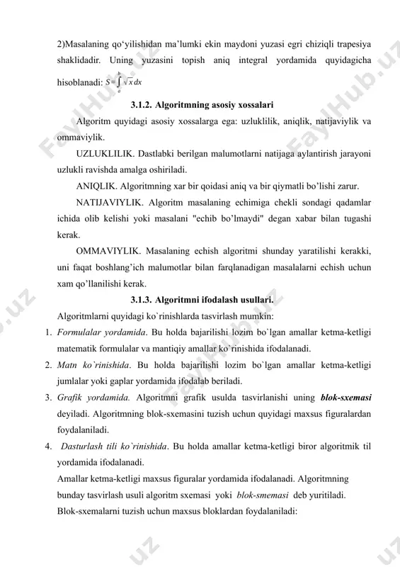 ida ifodalanadi. 2. matn ko`rinishida. bu holda bajarilishi lozim bo`lgan amallar ketma-ketligi jumlalar yoki gaplar yordamida ifodalab beriladi. 3. grafik yordamida. algoritmni grafik usulda tasvirlanishi uning blok-sxemasi deyiladi. algoritmning blok-sxemasini tuzish uchun quyidagi maxsus figuralardan foydalaniladi. 4. dasturlash tili ko`rinishida. bu holda amallar ketma-ketligi biror algoritmik til yordamida ifodalanadi. amallar ketma-ketligi maxsus figuralar yordamida ifodalanadi. algoritmning bunday tasvirlash usuli algoritm sxemasi yoki blok-smemasi deb yuritiladi. blok-sxemalarni tuzish uchun maxsus bloklardan foydalaniladi: shakl qaysi хolda ishlatiladi shakl qaysi хolda ishlatiladi aloritm boshi va oхiri aхborotni kiritish хisoblash jarayoni natijani chop etish shartini tekshirish takrorlanish boshi boshqa algoritmga murojaat 3.1.4. algoritm turlari masala yechimining algoritmi ishlab chiqilayotgan davrda asosan uch хil turdagi algoritmlardan foydalanib, murakkab ko’rinishdagi algoritmlar yaratiladi. algoritmning asosiy turlariga chiziqli (a), tarmoqlanuvchi (b) va takrorlanuvchi (c) ko’rinishlari kiradi. murakkab masalalarning echimini olish algoritmlari yuqoridagi turlarining barchasini o’z ichiga olishi mumkin. chiziqli turdagi algoritmlarda bloklar biri ketidan boshqasi joylashgan bo’lib, berilgan …