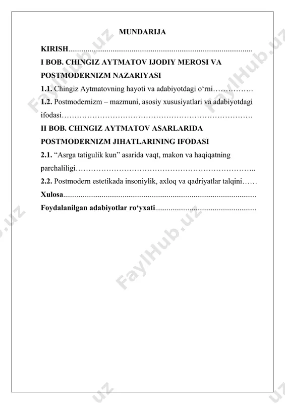 sligi, mif va ramzlar orqali haqiqatni izohlash kabi badiiy vositalar keng qo‘llanilgan. ushbu jihatlar aytmatov asarlarining falsafiy teranligini oshirib, ularni nafaqat ijtimoiy yoki siyosiy muammolarni ko‘rsatadigan, balki global va ekzistensial savollarni ilgari suradigan darajaga olib chiqadi. bugungi kunda postmodernistik tafakkur jahon adabiyotining asosiy oqimlaridan biriga aylangan bir paytda, aytmatovning bu yo‘nalishga qanday munosabatda bo‘lgani, postmodernizm unsurlarini qanday ijodiy yondashuv bilan qo‘llaganini o‘rganish dolzarb ahamiyat kasb etadi. ushbu kurs ishining asosiy maqsadi — chingiz aytmatov asarlarida postmodernizmga xos badiiy elementlarning qanday namoyon bo‘lishini aniqlash, ularning mazmuniy-falsafiy asoslarini yoritish hamda yozuvchining adabiyotga olib kirgan yangicha badiiy uslubini baholashdan iborat. kurs ishining asosiy vazifalari quyidagilardan iborat: · chingiz aytmatov ijodining umumiy badiiy-estetik yo‘nalishini aniqlash; · “oq kema”, “asrga tatigulik kun” kabi asarlarda postmodernistik unsurlarni aniqlash va tahlil qilish; · aytmatov asarlarida intertekstualizm, mifologik qatlam va real voqelik uyg‘unligi kabi xususiyatlarni ko‘rsatish; · postmodernizm konsepsiyasi doirasida yozuvchi yondashuvini baholash; · asarlardagi zamonaviylik va global …