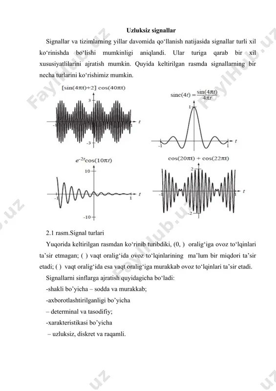 vriy signallar a- to’g’ri to’rtburchakli impulslar ketma-ketligi, b- radioimpulslar ketma-ketligi (2.3) so (t) – yakka impulsni tavsiflovchi funksiya juft va toq signallar televizion signal diapazoni 3400 gs 2.5 rasm. juft va toq signallar signallarning xarakteristikalari agar signal ∆t=t2-t1 oraliqda mavjud bo‘lsin 1.signalning o‘rtacha qiymati (o‘zgarmas tashkil etuvchisi) (2.4) 2.signalning oniy quvvati (2.5) 3.signalning energiyasi (2.6) 4.signalning o‘rtacha quvvati (2.7) signallarni integrallash 2.6 rasm. signallarni integrallash sxemasi, vaqt diagrammalari signallarni differensiallash 2.7 rasm.signallarni differensiallash foydalanilgan adabiyotlar: 1. a.a. abduazizov. elektr aloqa nazariyasi. – t.: “nashr-matbaa”, 2013y. - 366 b. 2. a.a. abduazizov, m.m. muxitdinov, ya.t. yusupov. radiotexnik zanjirlar va signallar. –t.: “sams asa”, 2012y. - 480 b. 3. a.a. abduazizov. elektr aloqa nazariyasi. t.: fan va texnologiyalar, 2010. 4. abduazizov a.a., faziljanov i.r., yusupov ya.t. signallarga raqamli ishlov berish. – t.: cho’lpon nomidagi nmiu, – 2013y. –160 b. 5. proks dj. sifrovaya svyaz– m: radio i svyaz, 2000.