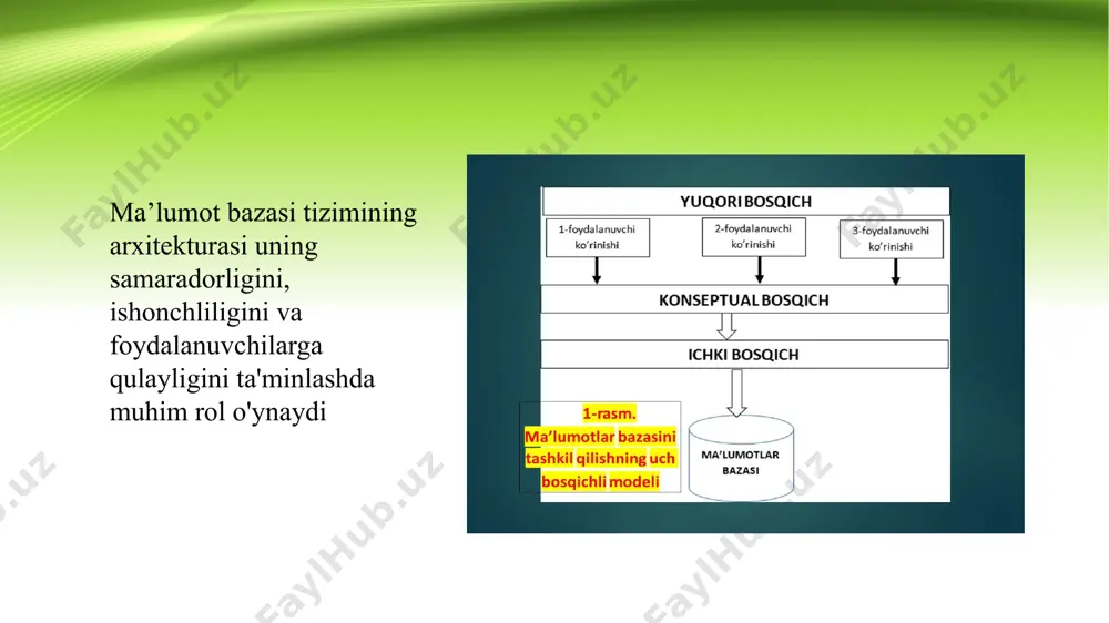 tlar bazasi izchil holatda qolishi kerak. isolation (izolyatsiya): bir tranzaksiya davomida boshqa tranzaksiyalar uning natijasiga ta'sir qilmasligi kerak. durability (mustahkamlik): tranzaksiya muvaffaqiyatli yakunlanganidan so‘ng, uning natijalari barqaror saqlanadi. sql’da tranzaksiyalarni boshqarish uchun quyidagi asosiy operatorlardan foydalaniladi: begin yoki start transaction: tranzaksiyani boshlash uchun ishlatiladi. tranzaksiya doirasida bajariladigan barcha operatsiyalar ushbu buyruqdan so‘ng qo‘llaniladi. begin; -- yoki start transaction; commit: tranzaksiyani yakunlash va o‘zgarishlarni ma'lumotlar bazasiga saqlash uchun ishlatiladi. tranzaksiya muvaffaqiyatli yakunlanganda commit orqali o‘zgartirishlar barqaror saqlanadi. commit; ma'lumotlar bazasida tranzaksiyalarni boshqarish orqali ma'lumotlarni izchil va xavfsiz saqlash, o'zgarishlarni qat'iy nazorat qilish mumkin. tranzaksiyalar acid xususiyatlariga tayanib, barcha amallarni yoki to'liq amalga oshirish yoki to'liq bekor qilish imkonini beradi, bu esa ma'lumotlarning yaxlitligi va izchilligini ta'minlaydi. tranzaksiya boshqarishda begin, commit, rollback, va savepoint kabi buyruqlardan foydalaniladi, bu esa jarayonni to'liq nazorat qilishga yordam beradi. yaxshi boshqaruv amaliyotlari bilan tranzaksiyalarni samarali va xavfsiz amalga oshirish mumkin. xulosa thank you image2.jpeg image11.jpeg image12.jpeg …