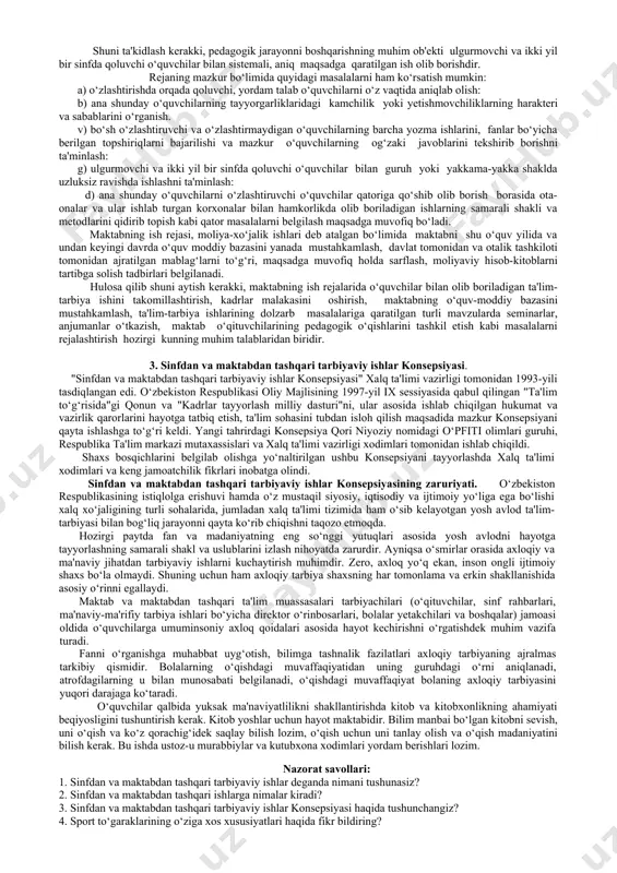 lashni o‘rganadilar ijtimoiy mehnat quvonchini his qiladilar, ishlab chiqarish mehnatiga qo‘shiladilar, jamoatchilik fikriga bo‘ysunishga, jamoa sharafi uchun kurashishga odatlanadilar. maktabdan tashqari faoliyat unda qatnashuvchilarning ma'naviy va jismoniy rivojlanishi hamda yosh xususiyatlariga ko‘ra belgilanadi. bu jarayonga ular ta'lim olayotgan maktabning sharoiti ham ta'sir etadi. garchand mamlakatimizdagi barcha maktablarning vazifalari bir bo‘lsa-da, o‘sha maktablarning o‘ziga xos xususiyatlari bor va bu xususiyatlr madaniy va milliy sharoitlarda yaqqol ko‘rinadi. tarbiyachilar, sinf rahbarlarining sinfdan va maktabdan tashqari olib boradigan tarbiyaviy ishlarida quyidagi ish usullaridan foydalanishlari maqsadga muvofiqdir. 1. og‘zaki ish usullari. turli axborotlar, majlislr, ertalabki yig‘inlar, ma'ruzalar, kitobxonlar konferentsiyalari, munozaralar, uchrashuvlar, jurnal va gazetalar, radiojurnallar. 2. amaliy ish olib borish usullari. turli joylarga sayyohtlar, sport musobaqalari, olimpiada, iztoparlar ish foaliyati, yosh tabiatshunoslar to‘garaklari, shanbaliklar. 3. ko‘rgazmali ish usullari. maktab muzeylari, urush va mehnat qahramonlari xonasi, yangi kitoblar ko‘rgazmalari. tarbiyaviy ish pedagogdan butun qolibiliyatini ishga solishni, tinmay izlanishni taqozo etadi. chunki kelajak avlod tarbiyalangan, uyushgan, axil, …