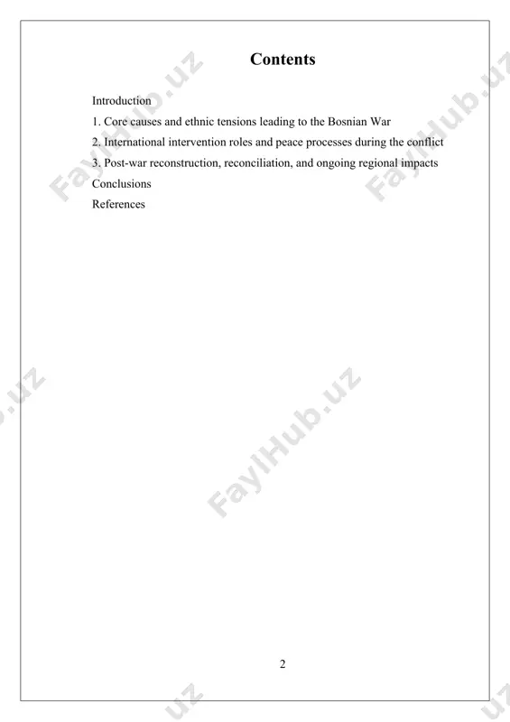 n of the historical context of yugoslavia’s breakup, the rise of ethnic nationalism, and the complex roles played by international actors. the significance of studying the bosnian war lies in its profound humanitarian, political, and social implications, which underscore the challenges of ethnic conflict resolution, peacekeeping, and post-war reconciliation. this research aims to explore the core causes of the war, the international role in peace processes, and the ongoing impacts on bosnia and the broader balkan region, providing insights into one of europe’s most tragic chapters in recent history. i. core causes and ethnic tensions leading to the bosnian war the core causes and ethnic tensions that led to the bosnian war are rooted in a complex interplay of historical, political, social, and economic factors that culminated in one of the most devastating conflicts in recent european history. understanding these underlying causes requires a comprehensive examination of the region’s historical …
