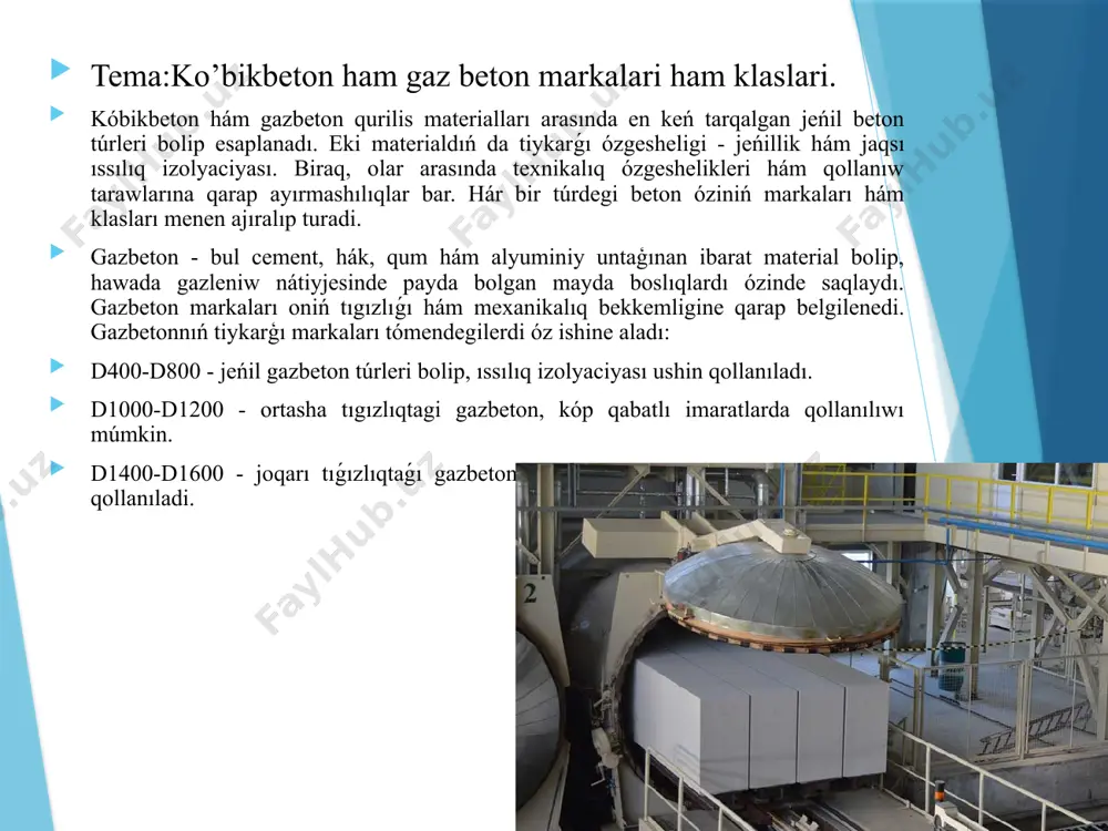 ialları bolıp esaplanadı. ózbekstannıń ishki bazarında da bul materiallardıń islep shıǵarılıwı hám tutınıwı artıp barmaqta. ózbekstan respublikası húkimeti tárepinen qurılıs tarawınıń rawajlanıwına ayrıqsha itibar qaratılmaqta, bul bolsa kóbikbeton hám gazobeton sıyaqlı qurılıs materiallarına talaptı arttıradı. gazbeton bazarınıń ósiwi ózbekstan bazarında gazobeton materiallarına talap artıp barmaqta. bul tiykarınan iri qurılıs joybarları, kóp qabatlı turaq jaylar, sanaat obektleri hám infrastruktura obektleriniń qurılısı menen baylanıslı. gazbetonnıń bekkemligi, ıssılıq izolyaciyası hám uzaq múddet xızmet etiw qásietleri qurılısta onıń keńnen qollanılıwın támiyinlemekte. gazbeton islep shıǵarıwdıń ósiwi, ásirese, infrastruktura hám turaq jay qurılısı tarawındaǵı iri investiciyalar artında turadı. bazar ósiwine tásir etiwshi faktorlar kóbikbeton hám gazbeton bazarınıń ósiwine bir qatar faktorlar tásir etedi. birinshiden, qurılıs tarawınıń ósiwi, jańa turaq jaylar, sanaat imaratları hám infrastruktura obektleriniń qurılısı usı materiallarǵa bolǵan talaptı arttırmaqta. ekinshiden, mámlekettiń qurılıs sektorın rawajlandırıwǵa qaratılǵan baǵdarlamaları, máselen, awıllıq jerlerde turaq jay qurılısınıń keńeytiliwi, iri sanaat obektleriniń qurılısı hám transport infrastrukturasınıń jaqsılanıwı bul materiallardıń tutınıwın …