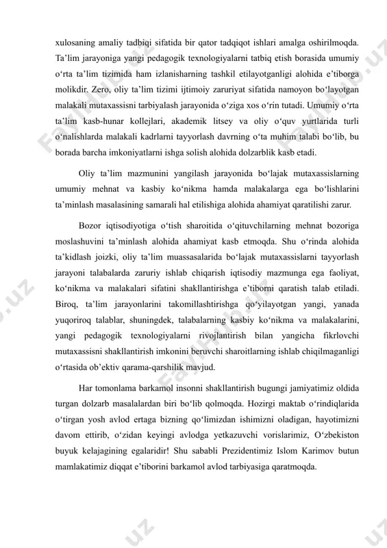 oʻlishi lozim, deb qabul qilishimiz kerak. bu esa ta’lim va tarbiya ishini uyg’un holda olib borishni talab etadi” ta’lim jarayoniga pedagogik texnologiyalarni olib kirish “kadrlar tayyorlash milliy dasturi”ning ikkinchi bosqich vazifalaridan biridir. ta’lim – kelajakdagi muvaffaqiyatlar kaliti ekan, uning mahsuli sifatida bugungi oʻquvchi kelajakda huquqiy-demokratik jamiyat a’zosi sifatida bu jamiyat hayotida toʻlaqonli ishtirok eta olishi, zamonning bozor iqtisodiyoti qoʻyayotgan talablariga toʻla javob bera olishi kerak. axborot oqimi keskin ortgan,turli yangiliklar hayotimizga shitob bilan kirib kelayotgan davrda mustaqil tanqidiy fikrlash koʻnikmalariga ega boʻlgan,yangilikni oʻrganishga doim tayyor boʻlgan, hamkorlikdan choʻchimaydigan , muloqotga erkin kirisha oladigan shaxsni tarbiyalash ta’lim-tarbiya jarayonining asosiy maqsadi boʻlishi kerak va bu borada ta’limda yangi texnologiyalarning qoʻllanishiga yoʻl ochilishi maqsadga erishish yoʻlidagi toʻg’ri qadamdir. hozirgi kunda yangi texnologiya elementi boʻlgan interfaol usullardan keng foydalanilmoqda. kurs ishining maqsadi. boshlang’ich sinflarda 100 ichida arifmetik amallar bajarishning ahamiyati, 100 ichida qoʻshish va ayitish, koʻpaytirish va boʻlish og‘zaki hisoblash malakalarini shakllantirish texnologiyasidan foydalanish …