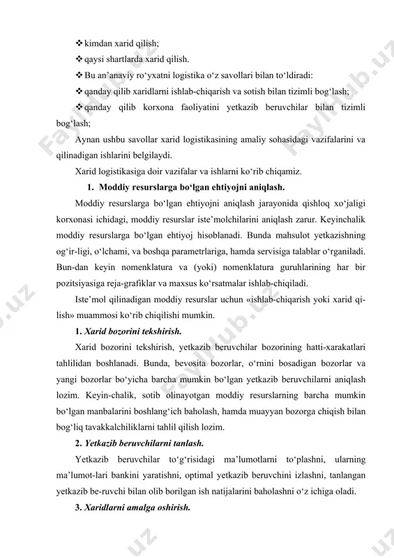 beruvchilarni tanlash. yetkazib beruvchilar to‘g‘risidagi ma’lumotlarni to‘plashni, ularning ma’lumot-lari bankini yaratishni, optimal yetkazib beruvchini izlashni, tanlangan yetkazib be-ruvchi bilan olib borilgan ish natijalarini baholashni o‘z ichiga oladi. 3. xaridlarni amalga oshirish. ushbu funksiyani ro‘yobga chiqishi muzokaralar olib borishdan boshlanadi va shartnoma imzolanishi bilan yakunlanishi lozim. shartnoma munosabatlari xo‘jalik aloqalarini shakllantiradi, ularning ratsionallashuvi esa agrologistikaning vazifasi-dir. xaridlarni amalga oshirishni, xarid qilish uslubini tanlashni, yetkazish va pul to‘lash shartlarini ishlab chiqishni, hamda moddiy resurslarni tashishni tashkil etishni o‘z ichiga oladi. bunda yetkazishlar grafigi tuziladi, ekspeditsiya ishlari amalga oshiriladi, va, lozim bo‘lsa, boj-xona ishlari ham tashkil etilishi mumkin. xaridlar, qabul qilish nazoratini tashkil etish bilan nihoyasiga yetadi. 4. yetkazib berishlarning nazorati. yetkazib berishlarning nazoratini eng muhim vazifalaridan biri bu sifat na-zoratidir, ya’ni sifatli va brak mahsulotlar sonini hisoblab borish. shuningdek yetkazib berishlar nazoratiga yetkazishlar muddatini kuzatish (erta yoki kech yetkazish-larni soni), buyurtmani qabul qilinishi muddatlarini, tashish muddatlarini kuza-tish, hamda moddiy resurslar zaxiralari holatining …