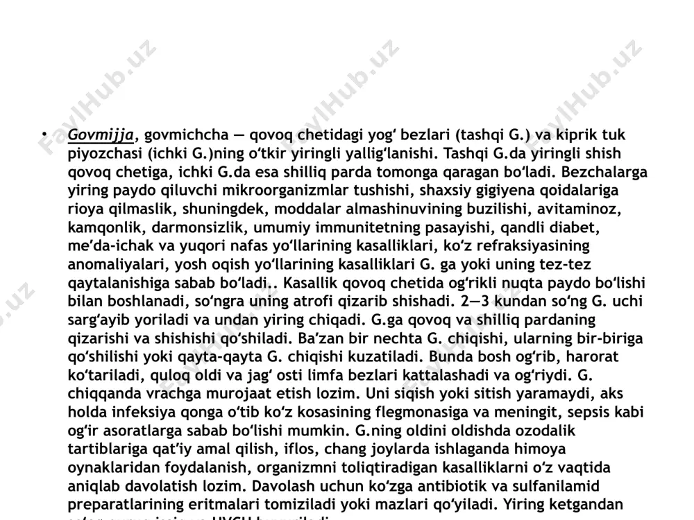 etor suyuqlik toʻplanganda paydo boʻladi [1] .xalazion rivojlanishining dastlabki ikki kuni ichida koʻz qovogʻining yuqumli yalligʻlanish kasalliklariga oʻxshaydi, bu davrda alomatlar ham oʻxshash boʻladi: oʻrtacha ogʻriq bilan koʻz qovogʻining tirnashni eslatuvchi taʼsirni sezishi va shishishi [1] . 1-2 kundan keyin shish pasayadi, koʻz qovogʻida yumaloq, ogʻriqsiz shish qoladi. keyin shish (xalazion) asta-sekin oʻsib boradi, odatda oʻsish jarayoni taxminan bir hafta davom etadi. kamdan kam hollarda, xalazion bir haftadan koʻproq vaqt davomida oʻsishda davom etadi va u kattalashgani sayin shox parda ni bosishni boshlaydi, bu esa koʻrish oʻtkirligining biroz yomonlashishiga olib keladi. bundan tashqari, koʻz qovogʻining ichki yuzasida qizil yoki kulrang nuqta paydo boʻlishi ham mumkin. agar xalazion juda katta boʻlsa (taxminan 5 mm yoki undan koʻp [2]) u ogʻriqli boʻlishi mumkin. kichik oʻlchamdagi xalazion to kattalashguncha bemorni umuman bezovta qilmasligi mumkin. koʻz qovogʻida kichik, noʻxat oʻlchamidagi zich tugun seziladi, uning ustidagi teri shishgan, harakatchan, sezgir hamda konyunktivada giperemiya (qizarish) va …