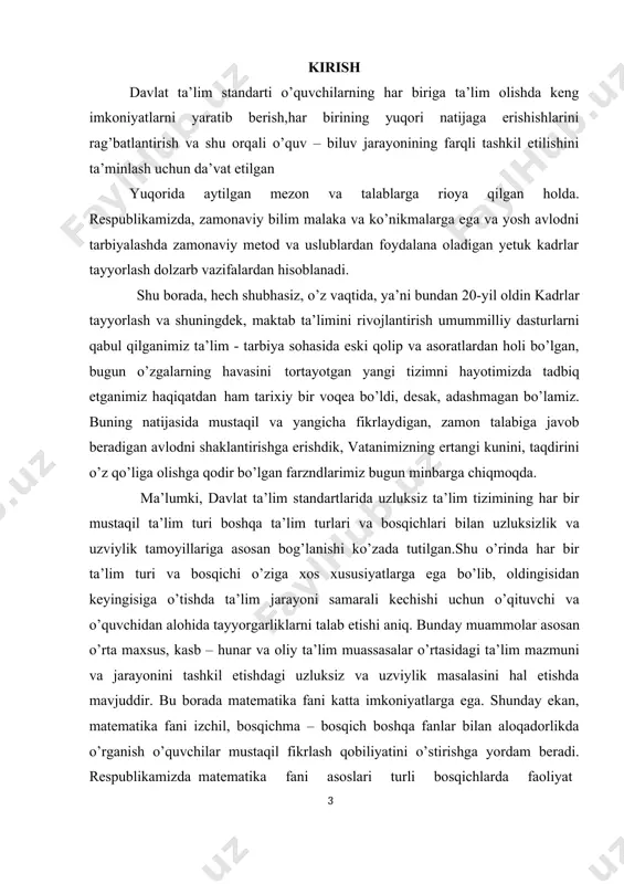 klarni qisman bo’lsa ham bartaraf etishga erishish. kurs ishining maqsadi: o’rta ta’lim muassasalarida “differensial xisobning tadbiqlari haqida” mavzudagi darslarni tashkil etishda yangi pedagogik texnalogiyalardan foydalanish, mavzu doirasini kengaytrish . o’quvchilarning bilim ko’nikma va malakalarini oshirishda iborat. kurs ishining vazifasi: umumiy o’rta ta’lim muassasalarida “differensial xisobning tadbiqlari haqida” mavzudagi darslarni tashkil etishda yangi pedagogik texnalogiyalardan foydalanish, mavzu doirasini kengaytrish . o’quvchilarning bilim ko’nikma va malakalarini oshirishda iborat. i bob differensial hisobning asosiy teoremalari va tatbiqlari 1.1-§. o’rta qiymat haqidagi teoremalar matematik analiz kursida o‘rganiladigan asosiy va amaliy masalalarni yechishda katta ahamiyatga ega bo‘lgan funksiyalar sinflaridan (to‘plamlaridan) biri-bu uzluksiz funksiyalar sinfi hisoblanadi. oldingi bobda biz differensiallanuvchi funksiyalar sinfi uzluksiz funksiyalar sinfining qismi bo‘lishini ko‘rsatgan edik. differensiallanuvchi funksiyalar o‘ziga xos ahamiyatga ega, chunki ko‘pgina tatbiqiy masalalarni yechish hosilasi mavjud funksiyalarni o‘rganishga keltiriladi. bunday funksiyalar ba’zi bir umumiy xossalarga ega. bu xossalar ichida o‘rta qiymat haqidagi teoremalar nomi bilan birlashgan teoremalar alohida ahamiyatga ega. …
