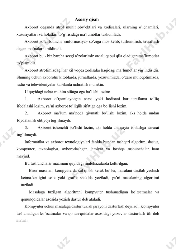 ikki so’zdan, «thexnos» - san’at, mahorat, hunar, soha va «logos» - fan kabilardan olingan. axborot texnologiyalari axborotlarni yig’ish, saqlash, uzatish, qayta ishlash usullari va vositalari majmuidir. axborot haqida tushuncha axborotlar ustida biror kerakli amallarni bajarish uchun tashkil qilingan jarayon axborot texnologiyasi deb ataladi. axborotlashgan jamiyat - jamiyatning ko’pchilik a’zolari axborot, ayniqsa, uning oliy shakli bo’lmish bilimlarni ishlab chiqish, saqlash, qayta ishlash va amalga oshirish bilan band bo’lgan jamiyatdir. kompyuterga kiritilayotgan axborotlar belgi yoki harflar ko’rinishda bo’lgani uchun, xotirada saqlash va qayta ishlashda kompyuter o’zining «til»ida ish bajaradi. axborotlarning ifodalanishi ya’ni ma’lumotlarning hosil bo’lishi kompyuterda elektr sxemalarida elektr toki bor yoki yo’qligiga qarab aniqlanadi. axborotlarni ma’lum qonun-qoida asosida kompyuterda qayta ifodalash kodlash deyiladi. bir xil axborotni signallarning turli ketma-ketligi bilan berish mumkin. axborotni ma’lumot sifatida yozish va mazmunini aynan saqlab qolgan holda axborotni boshqa shaklga o’tkazish kodlash deb ataladi. agar axborotning har bir elementar qismi son shaklida tasvirlangan bo’lsa, u kodlangan …