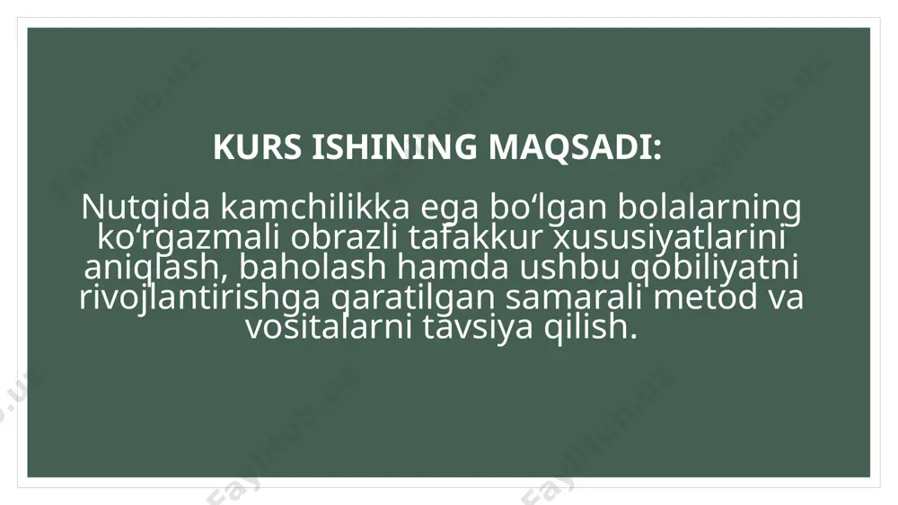 htirish kabi fikr qilish jarayonlarini vujudga keltiradi va takomillashtiradi. 2.2. nutqida muammoga ega bolalarda obrazli tafakkurni rivojlanirish usullari nutq maktablari bolalarining fikrlash nutqini tadqiq qilinganida (i.t.vlasenko) quyidagi xususiyatlar, shaxsiy nutqning buzilishi bilan emas, balki o‘zining psixologik mexanizmiga ko‘ra nutq rivojlanmasligining tizimi bilan birlamchi bog‘langanligi topildi. predmet obrazi bilan so‘zning ichki rejadagi nutq fikrlashini o‘rnatish bu bolalarda nutq ko‘rinishlarining fikrlash bo‘limiga o‘tishi yoki aksincha, ichki nutq mexanizmining shakllanganligini yetishmasligidan buziladi (masalan, bilvosita esda qolish). 2.3. mavzuning amaliy ahamiyati biz 3-g guruhimiz bilan birgalikda nukus shahridagi 25-maktabgaamaliyotga bordik. u yerda bizlar bolalari kuzatib, ular bilan mashg'ulotlarishladik. men u yerda 2-k sinfga kirdim. u sinfda sadatdinov muxsuddin dislalik bola bilan ishlandim u yerda bizni logoped tursunboyeva munira kutib olishdi. sinfda turli xil nuqsondagi bolalar ko'rdik. nazariy bilimlarimizni amaliyot jarayonida qoʻlladik. xulosa nutqida kamchiligi bo‘lgan bolalarning ko‘rgazmali-obrazli tafakkur xususiyatlarini o‘rganish va rivojlantirish ularning umumiy kognitiv taraqqiyoti, nutqiy faoliyati va ijtimoiy moslashuvi uchun muhim omil …