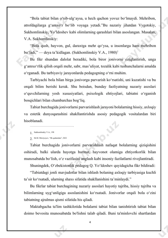 rni kuzatishlari butun yil davomida (qishda, kech kuzda va erta bahorda) tashkil etiladi. o'rta mintaqa sharoitlarida bolalarning yer uchastkasidagi mehnat va kuzatishlari bu davrlarda anchagina qisqaradi. bolalarni tabiat bilan uzviy, davomli va tizimli tarzda tanishtirish, ularda tabiat burchagida yashovchilar haqida pishiq va anglangan bilimlarni, mehnat, malaka hamda ko'nikmalarini hosil qilish, kuzatuvchanlikni o'stirish ishi uchun sharoit ana shunday yaratiladi. ana shu malaka va ko'nikmalar asosida tabiatga ehtiyotkorona munosabat ham, unga qiziqish ham tarbiyalanadi. tabiat burchagi bolalarning diqqatini burchakda yashovchi bir necha hayvonlarga, ularning o'ziga xos belgilariga qaratish va shu bilan bolalaming anchagina chuqur, mustahkam bilimga ega bo'lishlariga imkon yaratadi. bevosita tabiatda bolalar uchratadigai hayvonlar va o'simliklarning xilma-xilligi hayvon va o'simliklar hayotidagi umumiy,ahamiyatli hamda qonuniylikni ajratib ko'rsatishni qiyinlashtiradi. cheklangan miqdordagi maxsus tanlangan ob'ektlar bilan tabiat burchagida tanishtirish bu murakkab hamda muhim vazifani hal etish imkonini beradi. tabiat burchagida yashovchilarning fazoviy yaqinligi ham ahamiyatlidir. bolalar masalan, aytaylik akvariumdagi baliqlarni yaxshilab ko'rish, ularni uzoq …