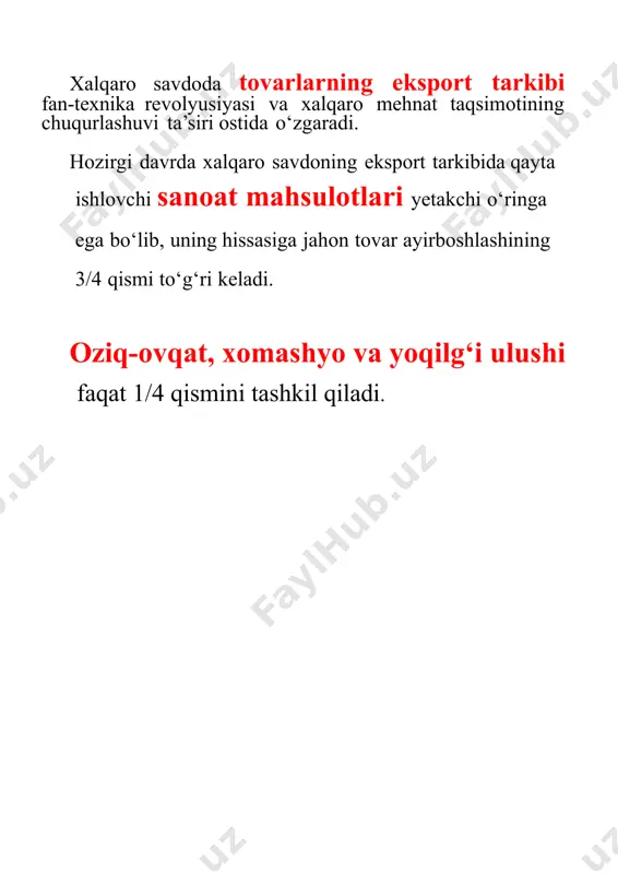 port bilan reimport uzviy bog‘liq. reimport iste’molchi mamlakatdan reeksport tovarni sotib olishni bildiradi o‘zbekistonda tashqi savdo aylanmasi va uning tarkibi quyidagi ma’lumotlar bilan tavsiflanadi (3.3-jadval). eng muhimi, eksport hajmining ana shunday o‘sishi biz uchun an’anaviy resurslar bo‘lmish paxta tolasi, qimmatbaho metallar va turli xomashyo yetkazib berish hisobiga emas, balki asosan avtomobillar, neft-kimyo va metall mahsulotlari, mineral o‘g‘itlar, ip-kalava va gazlama, trikotaj buyumlar, sim-kabel mahsulotlari, qurilish material- lari va boshqa shu kabi ko‘plab eksport tovarlari hajmi va turlarini ko‘paytirish evaziga ta’minlanmoqda. 3.3-jadval o‘zbekistonda tashqi savdo aylanmasi va uning tarkibi, foizda32 10 1. ko‘rsatkichlar yillar 2010 2011 2012 2014 2015 2016 2017 2018 2019 tashqi savdo aylanmasi 100 100 100 100 100 100 100 100 100 eksport 59,7 55,3 47,0 49,2 49,4 50,9 47,4 41,9 42,4 import 40,3 44,7 53,0 50,8 50,6 49,1 52,6 58,1 57,6 eksport – jami 100 100 100 100 100 100 100 100 100 shu jumladan: tovarlar 90,9 …
