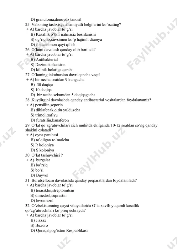 nizm turi insonda infeksion jarayon paydo qilishi nima deyiladi? 1. +patogenlik 1. kolonizatsiya, 1. invazizlik. 1. adgezivlik, 1. sepsis. 40 ayollar jinsiy aʼzolarining bakterial infeksiyalarida namuna qayerdan olinadi eng toʻgʻri javobni toping? 1. +uretradan, vulva, qindan,servikal kanaldan bachadon boʻshligʻi va ortiqlaridan, 1. uretradan, vulva, qindan,servikal kanaldan. 1. vulva, qindan,servikal kanaldan bachadon boʻshligʻi va ortiqlaridan 1. bachadon boʻshligʻi va ortiqlaridan. 1. servikal kanaldan bachadon boʻshligʻi va ortiqlaridan. 41 ayrim bakteriyalarning qanday struktura elementi adgezivlikga ega? 1. +kiprikchalar. 1. hujayra devoir 1. sitoplazmatik membrane, 1. yadrosi 1. xivchinlar, 42 ayrim bakteriyalarning qaysi struktura elementlari ularni virulentligini taminlaydi? 1. +kapsula 1. kiritmalar. 1. ribosomalar, 1. spora. 1. sitoplazma, 43 ba’zi patogen bakteriyalar kapsula bilan birga qaysi xususiyatini yo'qotadi? 1. +virulentlik. 1. harakatchanlik 1. adgeziya, 1. agarli muhitda o’sish 1. bulyonda o'sish, 44 bacillus anthracis bilan qishlоq xo`jaligi mahsulоtlarining zararlanganligini aniqlash uchun qaysi reaksiyani qo`llash zarur: 1. +halqa presipitasiya, 1. agglyutinasiya 1. kbr. 1. …