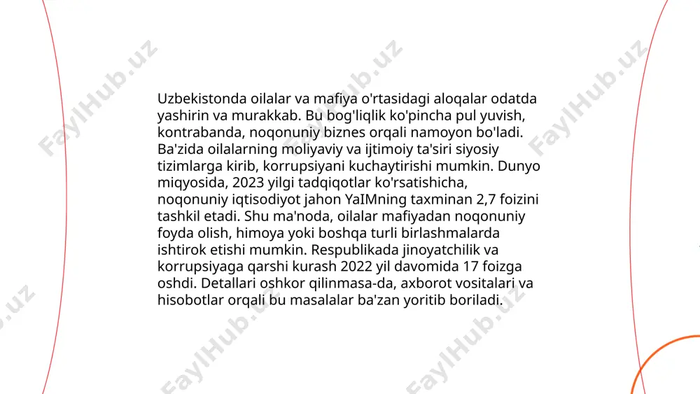 ezilarli bo'lgan va iqtisodiy faoliyatdagi korrupsiya darajasining oshishida rol o'ynagan. ... t.me/slaydai_bot 11. sevgi va sadoqat mavzusi o‘zaro ishonch, hurmat va qo‘llab-quvvatlashni o‘z ichiga oladi. sevgi va sadoqat insonlar o‘rtasida mustahkam aloqalar yaratishga yordam beradi. statistik ma'lumotlarga ko‘ra, mustahkam sevgi va sadoqatga ega bo‘lgan oila modelida o‘sayotgan bolalar, boshqa oila modellari bilan solishtirganda, 20% ko‘proq muvaffaqiyatga erishadi. tadqiqotlar shuni ko‘rsatadiki, dunyo bo‘ylab juftliklarning taxminan 48% ishonch va sadoqat muammolari tufayli ajraladi. sevgi va sadoqat bilan tarbiyalangan munosabatlar inson salomatligiga ham ijobiy ta’sir ko‘rsatadi. masalan, kuchli emotsional aloqaga ega bo‘lgan kishilar yurak-qon tomir kasalliklariga chalinish xavfini 30% gacha kamaytirishi mumkin. shu sababli sevgi va sadoqat inson hayotida muhim ahamiyat kasb etadi. ... t.me/slaydai_bot "12. siciliya an'analari" mavzusi 1965-yil moskvalik yozuvchi leonid solovyovning "xoja nasriddin" asarining o'zbek tilidagi tarjimasida joylashgan. bu asar o'rta osiyo va sharqiy an'analarni aks ettirib, adolat va haqiqatni izlash mavzularini yoritadi. sikiliya tarixida o'n ikkinchi asr, normanlar davriga …