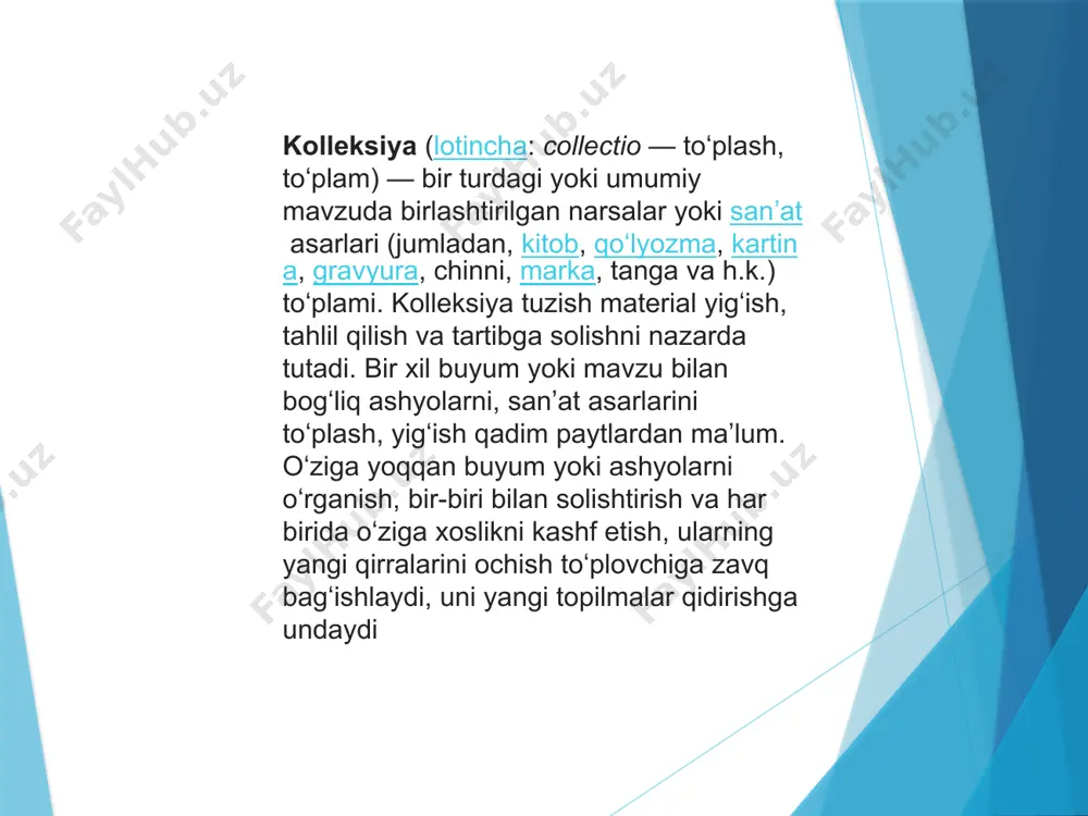 estruktiv taxlilning qo‘llanishi taqozo qilinadi. bu xolni batafsil o‘rganish kerak bo‘ladi, nima uchun bunday taxlil qo‘llanishining muximligi ko‘rib chiqilishi lozim. muzey ushbu eksponatni ro‘yxatdan chiqarmaydi, ishlatilmagan ekponat qismlari qaytariladi, o‘zgartirilgan yoki shikastlangan eksponat uchun tadqiqot jarayonida olingan ma'lumotlar o‘rnini bosadi. kolleksiyalarni yig‘ish muzeyning asosiy funksiyalaridan biri xisoblanadi, kolleksiyalar esa muzeyningeng muhim aktivlaridan biridir. kolleksiyalarni yig‘ish, saqlash va boshqarish muzeyga ishonch bildirib berilgan mulkni boshqarish bo‘yicha majburiyatlariga kiradi, hamda muzey o‘z oldiga qo‘ygan maqsad va vazifalarni amalga oshishida ko‘maklashadi. kolleksiyalarni to‘g‘ri boshqara olish ularning saqlanishi va xizmat qilish davrining uzaytirilishiga olib keladi. bu borada esa muzey nafaqat o‘z tajribasi , balki ilg‘or usullarga asoslangan koleksiyalarni boshqarish siyosatiga ega bo‘lishi va amalga oshirishi lozim. image1.jpeg /docprops/thumbnail.jpeg