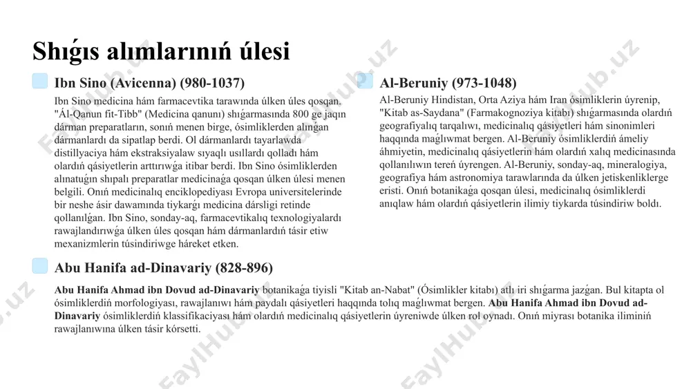 dıń tiykarın saldı. ghini ósimliklerdi klassifikasiyalawda gerbariylerdiń áhmiyetin asıra bahaladı hám olardıń botanikalıq izertlewlerde qollanılıwınıń tiykarın saldı. onıń gerbariyleri búgingi kúnde de saqlanıp atır hám botanika ilimi ushın qımbatlı derek bolıp xızmet etedi. 5 karl linney hám binar nomenklatura sisteması 1 karl linney karl linney (1707-1778) – shvediyalıq vrach hám botanik bolıp, ol taksonomiyaǵa tiykar salıwshılardıń biri retinde tán alınǵan. upsala universitetinde oqıǵan hám botanika professorı bolıp islegen. linney ósimliklerdi sistemalastırıw hám klassifikasiyalaw boyınsha úlken jumıslardı ámelge asırǵan. ol upsala universitetinde medicina hám botanika boyınsha bilim alǵan hám keyinirek sol universitette botanika professorı bolıp islegen. linneydiń botanikaǵa qosqan úlesi, ásirese, ósimliklerdi klassifikasiyalaw hám olardı ilimiy tárepten ataw boyınsha bolǵan. 2 "species plantarum" shıǵarması 1753-jılda linneydiń "species plantarum" ("ósimlikler túrleri") shıǵarması baspadan shıqtı. bul kitapta barlıq belgili bolǵan ósimliklerdiń binar nomenklaturası keltirilgen. "species plantarum" botanika ushın baslanǵısh noqat bolıp esaplanadı hám házirgi zaman nomenklaturasınıń tiykarın qalaydı. bul shıǵarmada linney ósimliklerdiń jańa …