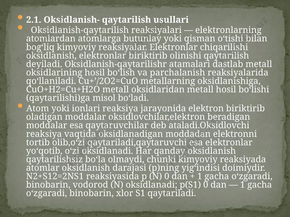 uning rangi o'zgarishi sezilarli bo’lishi indikator rangining o'zgarish sohasi kichik bo’lishi ya’ni uning rangi potensialning kichik oralig‘ida o'zgarishi va u titrlash sakrashi bilan mos kelishi; indikator kislorod, uglerod (iv)-oksid va yorug‘lik ta’siriga chidamli, barqaror bo'lishi lozim. iii.bob. oksredmetriya usullarining sinflanishi oksidlovchi va qaytaruvchiga qarab oksredmetrik analiz bir necha usullarga bo’linadi. permanganatometriyada ishchi eritma sifatida kmn04 ning 0,02 yoki 0,05 n (ayrim hollarda, 0,1 n) eritmalari ishlatiladi. titrlash kislotali, neytral va ishqoriy muhitlarda o'tkaziladi. kislotali muhitda titrlaganda m n04‘ ion mn2+ iongacha m n04~+8h++5e—>mn2++4h20 , (£„=1,55 b) qaytariladi. ushbu reaksiya davomida marganetsning qaytarilishi m n04 —>mn02—>mn3+->mn2+ bosqichlar orqali o'tadi. dixromatometriya yoki xromatometriyada ish eritmasi sifatida k2cr2ovning 0,05 va 0,1 n eritmalari ishlatiladi. k2cr20 7 2 marta qayta kristallangandan so‘ng birlamchi standart bo‘la oladi. dixromat bilan biror qaytaruvchi titrlanayotgan boisa, cr20 72 ion xrom (iii) iongacha qaytariladi: dixromatometriya yoki xromatometriyada ish eritmasi sifatida k2cr2ovning 0,05 va 0,1 n eritmalari ishlatiladi. k2cr20 7 …