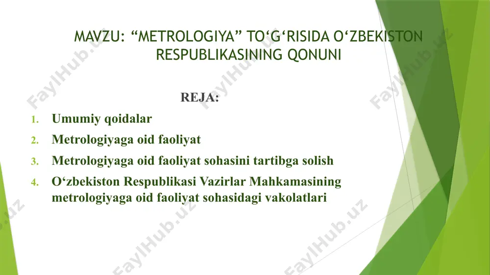 n mo‘ljallangan, normalangan texnik tavsiflari bo‘lgan texnik qurilma, modda va (yoki) material; standart namuna — metrologik attestatsiya natijasida modda (material)ning xossasi yoki tarkibini tavsiflaydigan bitta yoki undan ortiq qiymatlari aniqlangan shu modda (material) namunasi shaklidagi o‘lchash vositasi; etalon — muayyan kattalik birligining o‘lchamini boshqa o‘lchash vositalariga o‘tkazish maqsadida uni qayta hosil qilish va saqlash uchun mo‘ljallangan o‘lchash vositasi; o‘lchashlar aniqligining ko‘rsatkichi — o‘lchash uslubiyotining qo‘llanilayotgan normalari va qoidalariga rioya etilganda olingan o‘lchash natijalari aniqligining belgilangan tavsifi; o‘lchashlarni bajarish uslubiyoti — o‘lchashlarning bajarilishini va ularning natijalari belgilangan aniqlik ko‘rsatkichlari bilan olinishini ta’minlaydigan operatsiyalar va qoidalar majmui; o‘lchash vositasi — o‘lchashlar uchun foydalaniladigan va normalangan metrologik xususiyatlarga ega bo‘lgan texnika vositasi; o‘lchash vositalarini kalibrlash — berilgan sharoitlarda o‘lchash vositasi yordamida olingan kattalik qiymati va etalon bilan qayta tiklanadigan tegishli kattalik qiymati o‘rtasidagi nisbatni aniqlash orqali o‘lchash vositasining metrologik tavsiflarini aniqlash maqsadida bajariladigan operatsiyalar majmui; o‘lchash vositalarini qiyoslash — o‘lchash vositalarining belgilab qo‘yilgan …