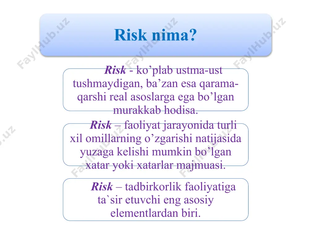 n bosh tortadi. ammo aynan sug’urtalanmaydigan risklar korxona qo’shimcha daromadining potentsial manbalari bo’lib hisoblanadi. tadbirkorlik faoliyati turlari bo’yicha moliyaviy fond bozoridagi risklar: likvidlik, axborot, valyuta va boshq.; bank risklari – kredit, foiz, portfel; inflyatsiya, bank mijozlarining xususiyatiga bog’liq bo’lgan lizing va faktoring risklari yuridik qonunchilik hujjatlari sifatining pastligi va qonunchilikdagi kutilmagan o’zgarishlar ishlab chiqarish ishlab chiqarish fondlarining ishdan chiqishi, ishlab chiqarishdagi uzilishlar, aylanma mablag’larning yo’qotilishi, xom ashyo va uskunalarni o’z muddatida yetkazib berilmasligi tijorat bozor konyu’nkturasidagi kutilmagan o’zgarishlar va tijorat faoliyati bilan bog’liq boshqa shart-sharoitlar investitsion investitsion muhitda, innovatsiya faoliyatida kutilmagan holatlar va noaniqliklar sug’urta sug’urt fondini shakllantirish va boshq. innovatsion innovatsion sohada noaniqlik sababli yuzaga keluvchi holatlar (innovatsion g’oyaning yaratilishidan boshlab to uni hayotga tatbiq etishgacha bo’lgan jarayon) diversifiktsiyalash imkoniyatlari bo’yicha tizimli tadbirkorlik faoliyatining u yoki bu ko’rinishlariga xos bo’lgan o’ziga xos xususiyatga ega bo’lgan aniq sharoitda tadbirkorlik faoliyatidan daromad olish bilan bog’liq bo’lgan risklarning tasnifiy belgilari turlari tavsifi …