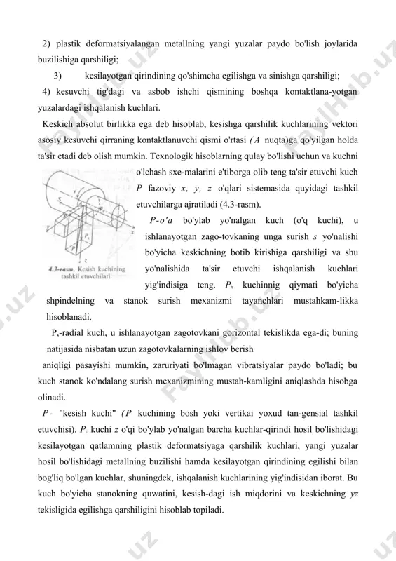 yotgan metallning yupqa qatlamida paydo bo'ladi (bu kuchlanishlarning natijasi kuchi ko'rinishida namoyon bo'ladi); -old burchak; 0-yorilish tekisligi va randalash keskichining bosh harakati yo'nalishi orasida o'lchangan yorilish burchagi; - ishlanayotgan zagotovka va asbob materiallarining tashqi sirpanib ishqalanish koeffitsiyenti (qirindining old yuza bo'ylab siljishi natijasidaishqalanish kuchi sodir bo'ladi); -plastik deformatsiyalanayotgan metaudagi ichki ishqalanish koef​fitsiyenti. ba'zan ishlab chiqarish masalalarini yechish maqsadida mexanik ishlov berishda paydo bo'layotgan kesish kuchlarining kutish mumkin bo'lgan mezonini bilish zarur bo'ladi. buning uchun soddaroq mate-matik ifoda bilan ish yuritish qulaylik tug'diradi. zvorikin tenglamasiga o'lchov birligiga ega bo'lmagan barcha miqdorlarning ta'sirini hisobga oluvchi koeffitsiyent e ni kiritib, tenglamani quyidagi ko'rinishda yozish mumkin: ikkinchi mavzuda keltirilgan kesilayotgan qatlam ko'ndalang ke​simi yuzasi uchun yozilgan a=ab-st ifodanibilan belgilab, oxirgi tenglamani quyidagicha yozsa bo'ladi: bundako'paytmaniungaekvivalentbo'lganko'paytmasi bilan almashtiramiz;ko'paytmasi ishlanayotgan zagotovka metalining kesishga ko'rsatadigan solishtirma qarshiligini ifodalaydi va uni kesish koeftitsiyenti deb atash qabul qilingan. bu holda bu kesish kuchining soddalashtirilgan tenglamasidir. tajribada aniq-langanki, uglerodli konstruksion …