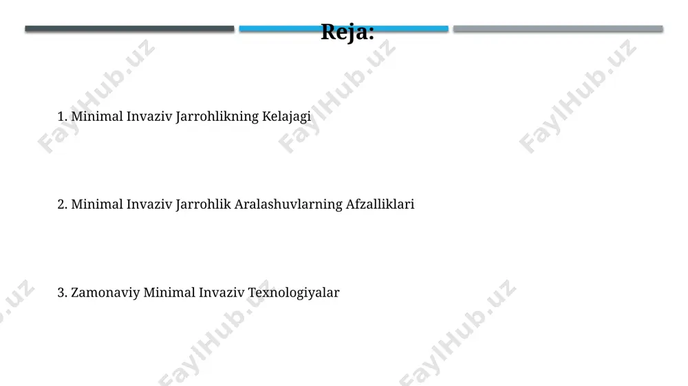 kopik jarrohlik oʻrtacha laparoskopik operatsiyalar davomiyligi 60-90 daqiqa oraligʻida boʻlib, bemorlarning kasalxonada qolish muddatini qisqartiradi va tezroq reabilitatsiyaga olib keladi. laparoskopik jarrohlikda 5-15 mm diametrli trokarlar orqali maxsus asboblar va laparoskop yordamida operatsiya oʻtkaziladi, bu esa katta kesmalarga nisbatan ogʻriqni kamaytiradi va tiklanishni tezlashtiradi. minimal invaziv jarrohlikda qo'llaniladigan asboblar robototexnik jarrohlik tizimlari minimal invaziv jarrohlikda 7 daraja erkinlik bilan harakat qiluvchi miniatyura asboblar va yuqori aniqlikdagi 3d tasvirlarni taqdim etadi, bu esa murakkab operatsiyalarni aniq bajarish imkonini beradi. minimal invaziv jarrohlikda laparoskopik jarrohlik uchun 10 mm dan 5 mm gacha bo'lgan turli diametrli trokarlar, yuqori aniqlikdagi 3d optik tizimlar va ingichka, egiluvchan elektro-jarrohlik asboblari qo'llaniladi. minimal invaziv jarrohlikning kamchiliklari ba'zi hollarda, minimal invaziv jarrohlik katta kesmalarga nisbatan tiklanish davrini uzaytirishi mumkin, o'rtacha 1-2 hafta davom etadigan og'riq va noqulayliklar kuzatiladi. minimal invaziv jarrohlik yuqori aniqlikdagi asbob-uskunalarni va malakali jarrohlarni talab qiladi, bu esa protseduralarni ancha qimmatga tushirishi mumkin, ba'zi hollarda …