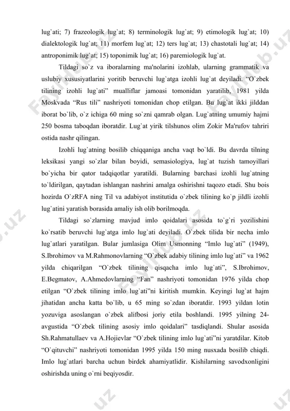 tilgan. bular jumlasiga olim usmonning “imlo lug`ati” (1949), s.ibrohimov va m.rahmonovlarning “o`zbеk adabiy tilining imlo lug`ati” va 1962 yilda chiqarilgan “o`zbеk tilining qisqacha imlo lug`ati”, s.ibrohimov, e.bеgmatov, a.ahmеdovlarning “fan” nashriyoti tomonidan 1976 yilda chop etilgan “o`zbеk tilining imlo lug`ati”ni kiritish mumkin. kеyingi lug`at hajm jihatidan ancha katta bo`lib, u 65 ming so`zdan iboratdir. 1993 yildan lotin yozuviga asoslangan o`zbеk alifbosi joriy etila boshlandi. 1995 yilning 24-avgustida “o`zbеk tilining asosiy imlo qoidalari” tasdiqlandi. shular asosida sh.rahmatullaеv va a.hojiеvlar “o`zbеk tilining imlo lug`ati”ni yaratdilar. kitob “o`qituvchi” nashriyoti tomonidan 1995 yilda 150 ming nusxada bosilib chiqdi. imlo lug`atlari barcha uchun birdеk ahamiyatlidir. kishilarning savodxonligini oshirishda uning o`rni bеqiyosdir. ikki tilli lug`atlar. ikki tilli lug`atlarda biror tilga oid so`z va iboralar boshqa tilga tarjima qilinadi. shu bois bunday lug`atlar tarjima lug`atlari dеb yuritiladi. tarjima lug`atlarining ikki tipi bor: 1) o`z tildan o`zga tilga tarjima lug`atlari; 2) o`zga tildan o`z tilga tarjima lug`atlari. o`z tildan …