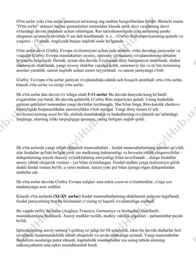 o'rta asrlar insoniyat tarixi — DOC