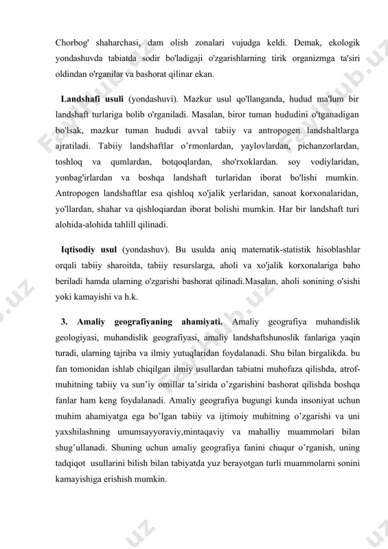 ora jiddiylashuvi va buning natijasida kelib cliiqayotgan tabiiy, ekologik oqibatlar tabiatning qashshoqlashishiga sabab bo'lmoqda. jamiyat ish-lab chiqarish kuclarini keng miqyosda taraqqiy ettirish orqali tabiiy muhitga tasir etar ekan uning o'zi ham aks ta'sirga uchramoqda. chunki insonning tabiatga ta'siri ko'p hollarda tabiat qonunlarini hisobga olmasdan amalga oshirilmoqda. shunday ko'ngilsiz hodislarni oldini olish va tabiat mahsuldorligini muntazam ko'paytirib borish bugungi kunning dolzarb muammolaridan biriga aylanib bormoqda. mazkur muammoning yechimida boshqa fanlar qatori geografiya ham faol ishtirok etmoqda va o’zining munosib hissasini qo’shyapti. amaliy geografiya fani bugungi kunda insoniyat uchun muhim ahamiyatga ega bo'lgan tabiiy va ijtimoiy muhitning o'zgarishi va uni yaxshilashning umumsayyoraviy, mintaqaviy va mahalliy muam-molari bilan shug'ullanadi tabiat bilan jamiyat o’rtasidagi munosabatlar tobora murakkablashib borayotgan va ayrim hududlarda xavfli ekologik holatlar vujudga kelayotgan bir vaziyatda tabiiy muhitni sof holda saqlab qolish muam-mosi alohida ahamiyat kasb etmoqda. mazkur muammoni yechishda amaliy geografik tadqiqotlar muhim ahamiyatga ega.hozirgi paytda amaliy geografiyaning ilmiy yutuqlaridan inson …