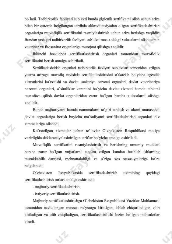 rakkablik darajasi, mehnattalabligi va o`ziga xos xususiyatlariga ko`ra belgilanadi. o`zbekiston respublikasida sertifikatlashtirish tizimining quyidagi sertifikatlashtirish turlari amalga oshiriladi: · majburiy sertifikatlashtirish; · ixtiyoriy sertifikatlashtirish. majburiy sertifikatlashtirishga o`zbekiston respublikasi vazirlar mahkamasi tomonidan tasdiqlangan maxsus ro`yxatga kiritilgan, ishlab chiqariladigan, olib kiriladigan va olib chiqiladigan, sertifikatlashtirilishi lozim bo`lgan mahsulotlar kiradi. yuqoridagi ro`yxatga, fuqarolarning hayoti, sog`lig`i va mulkining xavfsizligini, atrof muhitni muhofaza qilish, o`zaroalmashinuvchanlik va moslashuvchanlikni ta`minlash bo`yicha me`yoriy hujjatlarda talablari belgilangan, mahsulotlar yoki xizmatlar kiritiladi. bu ro`yxatdan tashqari oliy majlis tomonidan qabul qilinadigan qonunlarga va prezident farmonlariga asosan ma`lum xizmatlar va mahsulotlar uchun ham xuddi shunday talablar qo`yilishi mumkin. ixtiyoriy sertifikatlashtirishga o`zbekiston respublikasi qonunlari, prezident farmonlari, hamda xukumat qarorlariga asosan ro`yxatga kiritilmagan xizmatlar yoki mahsulotlar kirishi mumkin, bu vaqtda ishlab chiqaruvchi, yetkazib beruvchi yoki iste`molchilar (keyinchalik-so`rovchi) tashabbusi bilan ixtiyoriy tartibda sertifikatlashtirilish o`tkaziladi. sertifikatlashtirishni o`tkazish bosqichlari milliy sertifikatlash tizimi doirasida sertifikatlashtirish ishlari buyurtmachi tomonidan tanlangan sertifikatlashtirish turi bo`yicha aniqlangan tizim doirasida olib boriladi. sertifikatlashtirish …