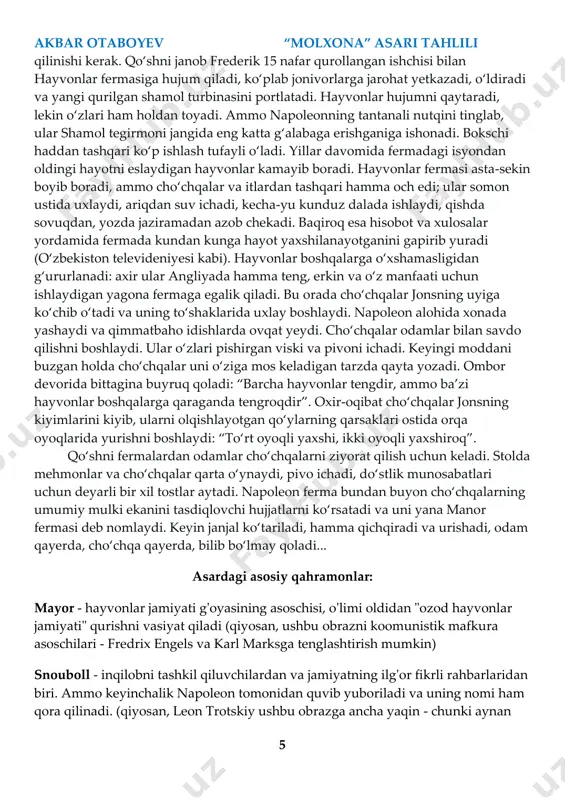 anadi, unga o‘lim jazosi e’lon qilinadi. u barchani shamol tegirmonini tezda tiklashga chaqiradi. telegram kanalimiz: @akbarotaboyev ko‘p o‘tmay napoleon hayvonlarini hovlida yig‘ib, itlar hamrohligida paydo bo‘ladi. u bir marta unga e’tiroz bildirgan cho‘chqalarni, bir nechta qo‘y, tovuq va g‘ozlarni snoubol bilan yashirin aloqasini tan olishga majbur qiladi. itlar darhol ularni bo‘g‘zidan oladi. shokka tushgan jonivorlar motam ruhida “angliya hayvonlari”ni kuylashni boshlaydi, ammo napoleon madhiyani abadiy kuylashni taqiqlaydi. bundan tashqari, oltinchi moddadani o‘zgartiradi: “hayvonlar sababsiz boshqa hayvonlarni o‘ldirmasliklari kerak”. endi hammaga ayonki, o‘z ayblarini tan olgan xoinlar qatl akbar otaboyev “molxona” asari tahlili 5 qilinishi kerak. qo‘shni janob frederik 15 nafar qurollangan ishchisi bilan hayvonlar fermasiga hujum qiladi, ko‘plab jonivorlarga jarohat yetkazadi, o‘ldiradi va yangi qurilgan shamol turbinasini portlatadi. hayvonlar hujumni qaytaradi, lekin o‘zlari ham holdan toyadi. ammo napoleonning tantanali nutqini tinglab, ular shamol tegirmoni jangida eng katta g‘alabaga erishganiga ishonadi. bokschi haddan tashqari ko‘p ishlash tufayli o‘ladi. yillar davomida fermadagi …
