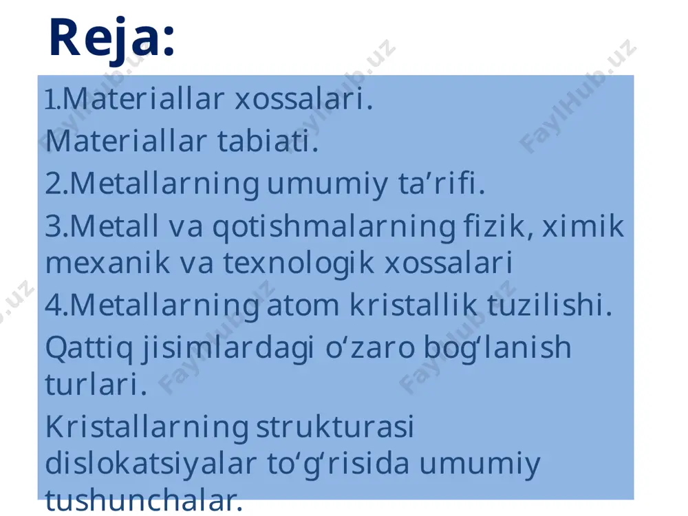 ijada arzon, puxta va kurkam mashina yaratilsin. bunday murakkab injenerlik masalalarini xal etishda konstruktsion metallar texnologiyasi fanining axamiyati juda katta. davomi shu sababdan ham bu fanlar boshqa injenerlik fanlariga baza bo‘ladi. shuning uchun ham konstruktsion materiallar texnologiyasi fanining asoslarini kelgusida malakali xodimlar bo‘lib yetishuvchi xar bir bakalavr chuqur o‘rganishi zarur. konstruktsion materiallar texnologiyasi fanini o‘zlashtirish oson bo‘lishi uchun uni quyidagi asosiy bo‘limlarga bo‘lib o‘rganiladi: 1 metallshunoslik; 2 metalchilik; 3 quymakorlik; 4 materiallarni bosim bilan ishlash; 5 materiallarni payvandlash va kesish; 6 kompozitsion materiallar va ulardan detal tayyorlash; 7 materiallarni kesib ishlash; * davomi asosiy mashinasozlik materiallari va ularning xossalari. mashinasozlik materiallariga metallar va metall bo‘lmagan materiallar kiradi: a) metallarga po‘lat, cho‘yan, alyuminiy, mis, qo‘g‘oshin, qalay, kumush, ularning qotishmalari va boshqalar kiradi. b) metall bo‘lmagan materiallarga qogoz, oyna, shisha, charm, polietilen, plastik va boshqalar kiradi. metallar o‘z navbatida 2 guruxga bo‘linadi: * davomi 1) qora metallar- po‘lat va cho‘yan 2) rangli …