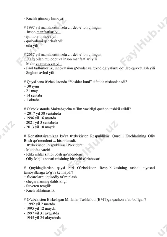 9-martda # 0‘zbekiston respublikasining qaysi davlat ramzi boshqalariga nisbatan keyin qabul qilingan? + davlat madhiyasi - davlat gerbi - davlat bayrog‘i - konstitusiya # o’zbekiston konstitutsiyasining kirish qismi qanday nomlanadi? + muqaddima - so’z boshi - asosnoma - referendum # o’zbekiston respublikasi konstitutsiyasining to’rtinchi bo’limi qanday nomlanadi? + ma’muriy-hududiy va davlat tuzilishi - inson va fuqarolarning asosiy huquqlari, erkinliklari va burchlari - davlat hokimiyatining tashkil etilishi - jamiyat va shaxs # o’zbekiston respublikasining konstitutsiyasi oliy kengashning qaysi sessiyada qabul qilingan? + 12-chaqiriq, xi sessiyada - 10-chaqiriq, xi sessiyada - 10-chaqiriq, xii sessiyada - 12-chaqiriq, xiii sessiyada # o’zbekiston respublikasi konstitutsiyasining tarkibi qanday? + 6 bo tim, 26 bob, 128 moddadan iborat - bo’lim, 24 bob, 128 moddadan iborat - 6 bo tim, 25 bob, 126 moddadan iborat - 5 bo tim, 26 bob, 138 moddadan iborat # o’zbekiston respublikasi kostitutsiyasi qachon birinchi muhokamaga qo`yilgan edi? + 1992 yil 26 sentyabr …