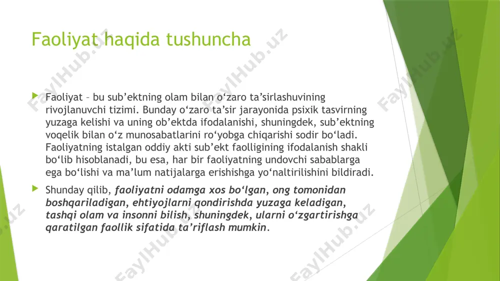 qaratilgan bo`lishi mumkin. mehnat faoliyati o`z mohiyati jihatidan ham ijtimoiydir. faoliyatning amalga oshishi va shaxs xulq-atvorini tushuntirish uchun psixologiyada motivatsiya va motiv tushunchalari ishlatiladi. motivatsiya tushunchasi motiv tushunchasidan kengroq ma’noga ega. motiv - inson xulq-atvorning ichki barqarorligi, harakatta undovchi tushunchadir. motivatsiya esa xulq-atvorni psixologik va fiziologik boshqarishning dinamik jarayoni bo’lib, unga tashabbus, yo’nalganlik tashkilotchilik, qo’llab-qo’vvatlash qiradi. ta’lim jarayonida o’hish motivlari "nima uchun” "nimaga?', "qanday maqsad bilan?" kabi savollar asosida yuzaga keladi. motivlar birinchidan, o’quv faoliyatiga undasa, ikkinchidan, maqsadga erishish uchun zarur yo’l va usullar tanlashga yordam beradi. o’quv faoliyatida o’quv motivlar o’quvchilar tomonidan tanlanib, ular o’quvchining maqsadi, qiziqishi, kelajak rejalari bilan bevosita bog’liq bo’ladi. yosh xususiyatlaridan kelib chiqqan holda o’quv motivlari turli yosh davrlarida turlicha bo’ladi. e’tiboringiz uchun rahmat image1.jpeg image2.jpeg /docprops/thumbnail.jpeg