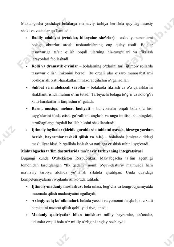 qali ularning his-tuyg‘ulari va fikrlash jarayonlari faollashadi. · rolli va dramatik o‘yinlar – bolalarning o‘zlarini turli ijtimoiy rollarda tasavvur qilish imkonini beradi. bu orqali ular o‘zaro munosabatlarni boshqarish, xatti-harakatlarini nazorat qilishni o‘rganadilar. · suhbat va mulohazali savollar – bolalarda fikrlash va o‘z qarashlarini shakllantirishda muhim o‘rin tutadi. tarbiyachi bolaga to‘g‘ri va noto‘g‘ri xatti-harakatlarni farqlashni o‘rgatadi. · rasm, musiqa, mehnat faoliyati – bu vositalar orqali bola o‘z his-tuyg‘ularini ifoda etish, go‘zallikni anglash va unga intilish, shuningdek, atrofdagilarga foydali bo‘lish hissini shakllantiradi. · ijtimoiy loyihalar (kichik guruhlarda tabiatni asrash, birovga yordam berish, bayramlar tashkil qilish va h.k.) – bolalarda jamiyat oldidagi mas’uliyat hissi, birgalikda ishlash va natijaga erishish ruhini uyg‘otadi. maktabgacha ta’lim dasturlarida ma’naviy tarbiyaning integratsiyasi bugungi kunda o‘zbekiston respublikasi maktabgacha ta’lim agentligi tomonidan tasdiqlangan “ilk qadam” nomli o‘quv-dasturiy majmuada ham ma’naviy tarbiya alohida yo‘nalish sifatida ajratilgan. unda quyidagi kompetensiyalarni rivojlantirish ko‘zda tutiladi: · ijtimoiy-madaniy moslashuv: bola oilasi, bog‘cha va kengroq jamiyatda …
