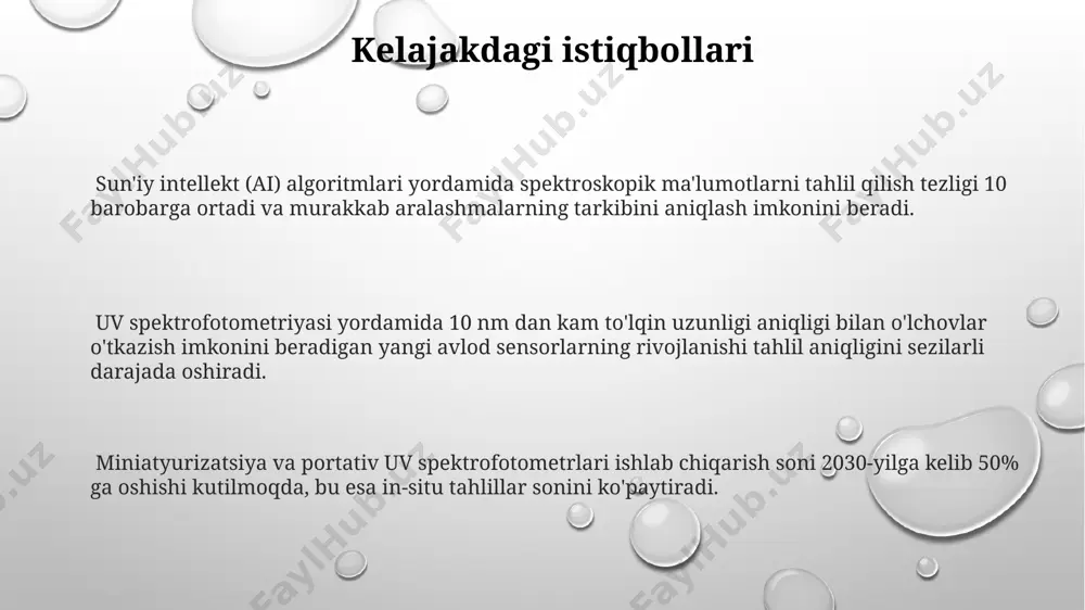 fitsiyentidir. spektral tahlil natijalarini qayta ishlashda, masalan, chiziqli regressiya kabi statistik usullar qo'llanilib, noma'lum namunalarning konsentrasiyasi aniqlanadi, odatda r² qiymati 0.99 dan yuqori bo'lishi kerak. nur yutilish qonuni (beer-lambert qonuni) agar eritmaning absorbsiyasi 1,0 au bo'lsa va molyar yutilish koeffitsiyenti 10000 m⁻¹sm⁻¹ bo'lsa, ber-lambert qonunidan foydalanib, eritmaning molyar konsentratsiyasini hisoblash mumkin; absorbsiya 10000 ga bo'linadi va yo'l uzunligi hisobga olinadi. ber-lambert qonuni faqat suyultirilgan eritmalarga to'g'ri keladi; yuqori konsentratsiyalarda molekulalar o'zaro ta'sir o'tkazib, absorbsiya spektriga ta'sir qiladi va qonun aniq bo'lmagan natijalar beradi. ber-lambert qonuniga ko'ra, 2 sm yo'l uzunligida 0,5 au absorbsiyasi kuzatilgan eritmaning konsentratsiyasi, 1 sm yo'l uzunligidagi 0,25 au absorbsiyasiga mos keladi, bu kontsentratsiya va absorbsiya o'rtasidagi chiziqli bog'liqlikni ko'rsatadi. ultraviyole nurlanish manbalari ultrabinafsha nurlanishning intensivligi, masalan, 254 nm to‘lqin uzunligida, ishlatilayotgan manbaning turi va quvvatiga qarab sezilarli darajada farq qilishi mumkin, bu esa o‘lchov aniqligiga ta’sir ko‘rsatadi. ultrabinafsha nurlanishning asosiy manbalari quyosh, 200-400 nm oralig‘ida maksimal …