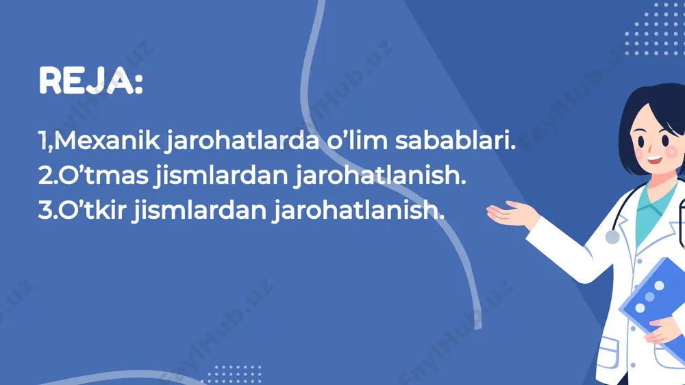 , sanchuvchi, kesuvchi-sanchuvchi, chopuvchi, arralovchi va boshqa turdagi o‘tkir jismlar farqlanadi. kesuvchi jismlardan jarohatlar. bu turdagi jismlarning (ustara, uchsiz pichoq) o'tkir dami ta'siridan kesma yaralar etkaziladi. ushbu yaralar urchuqsimon, yarim oysimon shaklda, chetlari ochilib turadi, chekkalari yaqinlashtirilganda yoriqsimon shaklni oladi. teri burmalari bo'lgan sohalarda kesma yaralar siniq chiziq shaklda bo'lishi mumkin. sanchuvchi jismlardan jarohatlar. sanchuvchi jismlar uzunchoq shakl va o'tkir uchga ega bo'ladi (bigiz, mix). mazkur shikastlanishlarda o'tkir uch to qimalarni ajratadi, jismning yon tomonlari tanaga kirgan sari atrofdagi to'qimalarni suradi va natijada sanchma yaralar vujudga keladi.jismning yon yuzasi uch va undan ko'p qirrali bo'lsa, "g", "t", "p", "u" shaklidagi, uchlari o'tkir yaralar hosil bo'lishi mumkin (rasm 2.9.). sanchuvchi-kesuvchi jismlardan jarohatlar. bu turdagi jismlarning tig'ida ham o'tkir uch, ham o'tkir dam bo'ladi. sanchuvchi - kesuvchi jismlar bir tomonlama o'tkir damga (osh pichog'i) yoki ikki tomonlama o'tkir damga (xanjar) ega bo'lishi mumkin. ushbu jismlardan shikast yetkazilishida tig'ning o'tkir uchi to'qimaga kiradi …