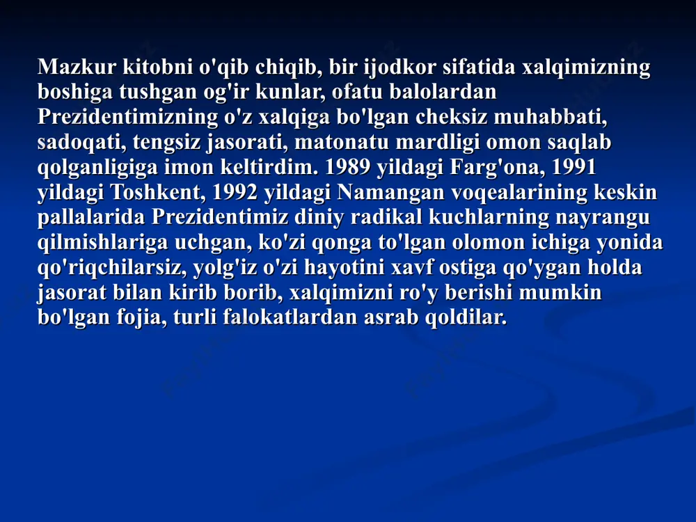 it ta’limotga aylangani haqida ushbu kitobdagi chiqishlar orqali har tomonlama tasavvurga ega bo‘lish mumkin. faqatgina yurtboshimizning mustahkam irodasi, oqilona va vazmin siyosati tufayli gkchp tarafdori bo‘lgan siyosiy avantyuristlar o‘z qabih niyatiga yetolmagani ham kitobdagi chiqishlarda ifodasini topgan. afsuski, bugun vaqt o‘tishi bilan ana shu voqealarni ko‘rgan-bilgan, ularga bevosita guvoh bo‘lgan odamlarning soni tobora kamayib bormoqda. yaqin tariximizning mash’um bir davrida sodir bo‘lgan bu voqealarni bilmasdan, ularning mohiyatini chuqur anglamasdan turib el-yurtimizning istiqlolga erishish yo‘lidagi kurashlar tarixini barcha murakkabliklari bilan to‘liq tasavvur etib bo‘lmaydi. muxtasar aytganda, to‘plamga kiritilgan har bir chiqishni mutolaa qilish jarayonida biz yangi tariximizning o‘zimiz bilmagan, anglamagan yana ko‘plab qirralarini yangitdan kashf etamiz, istiqlol mohiyatini, “tarixiy burilish pallasida xalq dardi, millat qayg‘usi buyuk shaxslarni yaratishi”ni yanada chuqurroq anglaymiz. shu ma’noda, prezident islom karimovning “o‘zbekiston mustaqillikka erishish ostonasida” kitobi xalqimizning siyosiy tafakkur xazinasiga qo‘shilgan bebaho hissa bo‘lib, mamlakatimizning istiqlol tarixini o‘rganish va anglashda beqiyos tarixiy ahamiyat kasb etadi. e’tiboringiz …