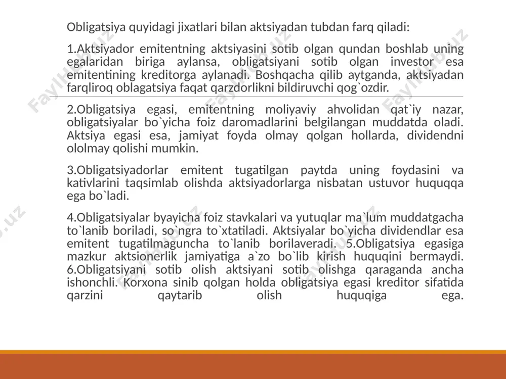 iga qarab; • qog`oz (naqd pul) kurinishidagi obligatsiyalar. • qog`ozsiz kurinishdagi,ya`ni depozitlarning(qimmatli qog`ozlarni saqlovchi maxsus tashkilotlarning eki investitsiya bankining) depo hisob varaqlarida maxsus ezuvlar ko`rinishida. 6. foiz daromatlarni to`lash shakliga qarab; • belgilangan (o`zgarmas)foizli obligatsiyalar. bunday obligatsiyalar kuponli bo`ladi. • o`zgaruvchan foizli obligatsiyalar. bunday obligatsiyalarning foiz stavkalari bozordagi talab va taklifga qarab o`zgarib (''suzib'') turadi • foizsiz (nol` stavkali ) obligatsiyalar. bunday obligatsiyalarning kuponi nolga teng bo`lib, har iyli emas, balki faqat bir marta sotib olinadi. 7. ta`minlanganlik darajasiga qarab: taminlangan obligatsiyalar,ya`ni turli qimmatli qog`ozlar hamda oltin va valyuta bilan ta`minlangan obligatsiyalar; • ta`minlangan obligatsiyalar.obligatsiya moddiy eki pul mablag`i evaziga kafolatlangan yoki kafolatlanmagan ,ya`ni obligatsiya chiqaruvchilarining chin so`zi va obro`si bilan ta`minlangan bo`lishi mumkin. • obligatsiya konvertirlangan, ya`ni egasiga boshqa turdagi obligatsiyaga va aktsiyaga almashtirib olish huquqini beruvchi obligatsiya bo`lishi mumkin. bulardan tashqari, obligatsiyalar muomaladan chiqarib olinuvchi (muddatidan oldin yig`ib olinuvchi), muddati uzaytirilgan va muddati muzlatilgan, bir kompaniya tomonidan chiqarilgan …