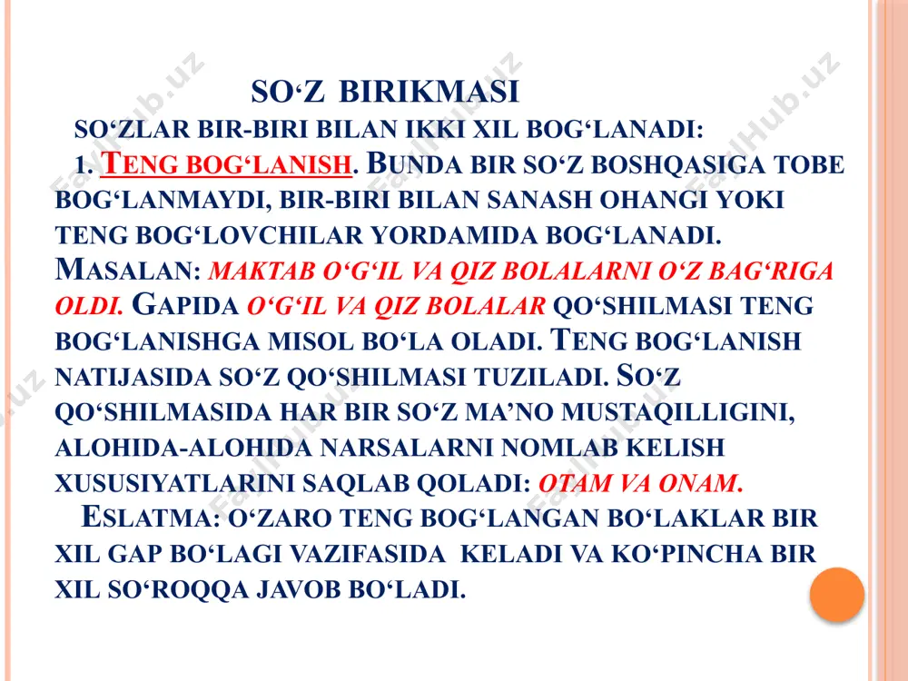 mashtirish mumkin, iborada esa bunday qilib bo‘lmaydi: uning qaddi – qaddi uning (so‘z birikmasi). 3. ko‘makchili qurilmalardan: mehnatiga yarasha, hunari tufayli, ko‘cha bo‘ylab, yorug‘lik tomon, uyga qarab, qilmishiga yarasha. bu birliklarning ikkinchi qismi vazifadosh ko‘makchilardan tashkil topgan bo‘lib, so‘z birikmasi esa ikki mustaqil so‘zdan tashkil topishi lozim. 4. gaplardan: atrof go‘zal. kitob qiziqarli. bolalar uchta. so‘z birikmasi ham, gap ham so‘zlarning grammatik aloqaga kirishuvidan yuzaga keladi. so‘z birikmasi narsa-buyum, belgi, ish-harakatni aniqlashtirgan holda ifodalab, so‘z kabi gap tuzish, uni kengaytirish uchun xizmat qiladi: baland bino, tez yurmoq. gap fikr, tasdiq yoki inkor hukmni bildirib, tugallangan ohang bilan aytiladi: ko‘cha katta. (gap) so‘z birikmasi esa atash ohangi bilan aytiladi: katta ko‘cha (so‘z birikmasi) gap bitta so‘zdan iborat bo‘lishi mumkin va u kesimlik qo‘shimchalari bilan shakllangan bo‘ladi, so‘z birikmasi esa har doim kamida ikkita mustaqil so‘zdan iborat bo‘ladi. so‘z birikmasida so‘zlarning o‘zaro 3 xil birikuv usullari mavjud: moslashuv, boshqaruv, bitishuv. 1. moslashuv. …