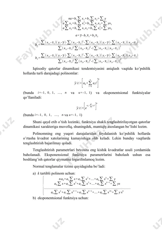 logarifmlab, parametrlarini eng kishik kvadratlar usuli yordamida aniqlash mumkin. 2. ko’p omilli ekonometrik modellarni baholashda matritsa usuli 8 ta oilalarning byudjeti bo’yicha quyidagi shartli ma’lumotlar mavjud: oila jamg’armasi, mln. so’m, () daromadi, mln. so’m () mol-mulki, mln. so’m () 1 20 12 180 2 40 14 160 3 30 11 160 4 22 8 140 5 16 6 120 6 10 8 120 7 20 12 180 8 40 14 160 topshiriq · ko’p omilli chiziqli regressiya tenglamasining parametrlarini matritsa usulida hisoblang. · 15 mln. so’m daromad va 190 mln. so’m mol-mulkka ega oila jamg’armasini qanday bo’lishini baholang. · oilaning mol-mulki o’zgarmagan holda daromadi 5 mln. so’mga oshsa, jamg’arma o’sishini baholang. · agar oilaning daromadi 3 mln. so’mga a va mol-mulki qiymati 5 mln. so’mga oshsa, oila jamg’armasi qanday o’zgarishini baholang. echilishi: ● ko’p omilli chiziqli ko'rinishidagi tenglamani tuzamiz. quyidagi matritsalarga egamiz: x matritsa uchun transponirlangan matritsani quramiz. transponirlangan matritsa …
