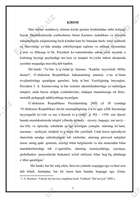 likasi prezidenti islom karimov: “bugun biz tarixiy davrda – xalqimiz о`z oldiga ezgu va ulug` maqsadlar qо`yib, tinch osoyishta xayot kechirayotgan, avvalambor, о`z kuch va imkoniyatlariga tayanib, demokratik davlat va fuqarolik jamiyat qurish yо`lida ulkan natijalarni qо`lga kiritayotgan bir zamonda yashamoqdamiz”, - degan edi. avvalo, tarixan qisqa bu davr, bir о`spirin yoshiga teng vaqt davomida davlatimiz uchun siyosiy sohada, davlat va jamiyat qurilishi borasida har tomonlama rivojlanish va yuksalish davri bо`lganligi bugan hech kimga sir emas. о`zbekistonning mustaqilligi oson va о`z - о`zidan qо`lga kiritilmadi, balki yurtboshimiz rahnamoligidagi halqimizning sobitqadam va sermashaqqat faoliyatining natijasi bо`ldi. shu ma`noda istiqlol kimningdir in`omi emas, balki kо`plab kurashlar, muntazam hamda samarali faoliyat asosida qо`dga kiritilgan qonuniy natija, xalqimizning ulkan yutug`idir. bugungi kunda xalqaro hamjamiyatning e`tirofiga kо`ra, prezident islom karimov tomonidan asoslab berilgan jamiyat hayotini tubdan isloh qilish, jahonda moliyaviy – iqtisodiy inqiroz bо`lib turganiga qaramay, iqtisodiy rivojlanish va ijtimoiy hayotni erkinlashtirish, jamiyatni demokratlashtirish va …