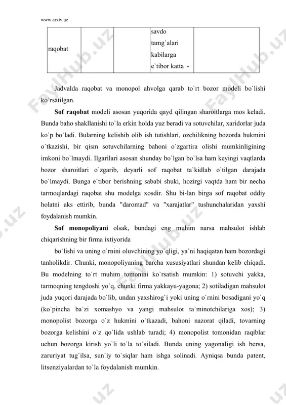 lmaydi. aytaylik, vinolarning alohida xillari yoki bir xil turdagi shokolad kabilarni misol keltirish mumkin. kiyim modalarida buning o`rni albatta katta. bunda raqiblarga nisbatan bo`lgan ta`sir va munosabat faqat baholar orqali bo`lmay, tovar va xizmatlar turliligiga katta e`tibor berish yo`li bilan ham amalga oshadi hamda bu asosiy tamoyil bo`lib hisoblanadi. bu modeldagi bozor, ya`ni monopolli raqobatning muhim xususiyatlaridan yana biri shuki, tarmoqqa kirish va ma`lum tovar bozorida ishtirok etish oson ko`chadi. bunday bozor ishtirokchilari juda yirik ishlab chiqarishga ega bo`lmay, nisbatan katta bo`lmagan firmalar bo`lib, ularning xarajatlari uchun katta mablag` talab etilmaydi. monopolli raqobatdagi monopollik mazmunini nima belgilaydi, degan savol tug`ilishi mumkin. bunga javoban shuni aytish mumkinki, tovar xillari turliligi, sotuvga chiqariladigan tovarlarning farqlanishi va o`ziga xos monopol egalikning mavjudligi bozorda monopol hukmronlikni yuzaga keltiradi. tovar ishlab chiqaruvchilarning yagona bo`lmay, yana boshqalarning bo`lishi va tarmoqqa kirish erkinligi mavjud bo`lishiga qaramay, o`z tabaqalashgan tovari yoki xizmatiga o`zi baho qo`yish imkoniga ega bo`ladi. …