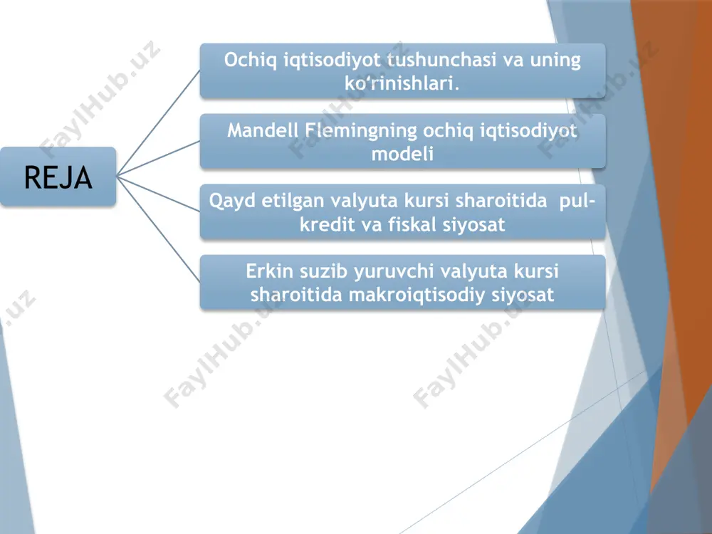 isbatan oʻzgarishiga javoban keskinlashuvi) sababli murakkablashadi. ichki va tashqi muvozanatni ta’minlash muammosi tovar, pul va valyuta bozorlarining amal qilishiga taalluqlidir. ichki va tashqi muvozanatni ta’minlash makroiqtisodiy tartibga solishning muhim muammosi sifatida yuzaga chiqadi, chunki u ichki va tashqi oʻzgaruvchilarning bir-biriga oʻzaro ta’sirini va qayta ta’sirini koʻzda tutishni talab etadi. bir vaqtning oʻzida ichki va tashqi muvozanatga erishish muammosini quyidagi yondashuv asosida koʻrib chiqamiz tashqi muvozanatga erishish mexanizmi toʻliq bandlilik, potensial ishlab chiqarish hajmi va inflyatsiya jarayonlarining mavjud emasligi bilan xarakterlanadigan ichki muvozanatni ichki muvozanatga erishish mexanizmi. mandell-fleming modeli kichik ochiq iqtisodiyot modeli boʻlib qayd qilingan va suzib yuruvchi valyuta kurslari sharoitida iqtisodiy siyosatning turli koʻrinishlarini amalga oshirish natijalarini baholash maqsadida qoʻllaniladi. mandell-fleming modeli milliy iqtisodiyotning jahon bozoridagi hissasi kichik va shu sababli uni rivojlantirishning asosiy parametrlari jahon bozori tomonidan, ya’ni tashqaridan belgilab beriladi degan shartga asoslanadi. bu modelga koʻra iqtisodiyotning amal qilishi valyutalarning almashinuv kursi tizimiga bogʻliq. mandell-fleming modeli uchta …