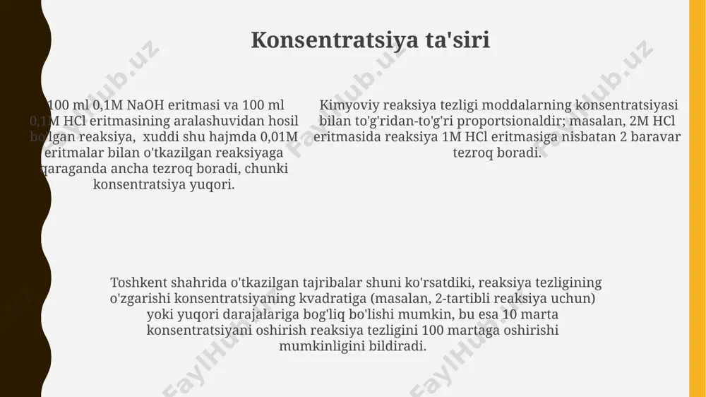 holiga keltirish orqali toshkentda o'tkazilgan tajribalarda aniqlandi. yuzaning kattalashishi reaksiya tezligini 2-3 marta oshirishi mumkin, bu esa farg'ona vodiysidagi sanoat korxonalarida katalizatorlarni ishlatishda yaqqol ko'rinadi. e'tiboringiz uchun rahmat @taqdimot_robot