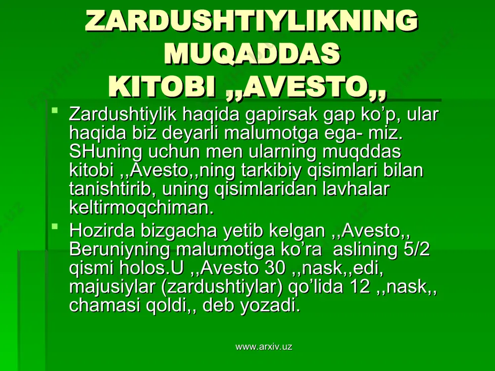 ng bo’lmish ahuraviylar bilan birga yashomoqni istaymiz,, ,,yasna,, 30-hot. www.arxiv.uz www.arxiv.uz buy ,,ey, ulviy olamning urug’-asosi,bunyodi,,. ,,iptidoda yozib qo’llarim bilan senga namoz keltiramen… ,,haqiyqatni va ezgu niyatni yangi etiqod qo’shig’i deb qabul ayladim ,, ,,yasna,, 28- hot. www.arxiv.uz www.arxiv.uz dev ,,iptidoda bu ikki tug’ishgan nomzodlar andisha, kalom va amalda biri- ezgulik, birisi yomonlik o’zaro suhbat quradilar,, ,,yasna,, 30-hot. www.arxiv.uz www.arxiv.uz er-hotin ,,har bir er va ayol o’zi durust va yaxshi deb bilgan narsasiga amal qilishlari va boshqalarni ham ogohlantirishlari hamda ular ham o’sha narsaga amal qilishlari kerak,, ,,yetti buyuk yasht,, www.arxiv.uz www.arxiv.uz havf ,, o’shanda sen unga (odamzodga) yo’l tanlash ozodligini inom etding, toki haqiyqat rahbariga yohud yolg’on sarvariga itoat aylasin,, ,,yasna,, 31-hot. www.arxiv.uz www.arxiv.uz hayot: ,,porlaguvchi oppoq kumushdek odamlarni yo’q ko’lankasi. koinotning kengliklaridan yelib borar yildirim kabi,, ,,mehr yasht,, www.arxiv.uz www.arxiv.uz kopsat tiriklikka darmon baxsh etuvchi malhamni menga oshkor aylagil izn bergil ilohiy kalom va ezgu niyat sening irodangni …