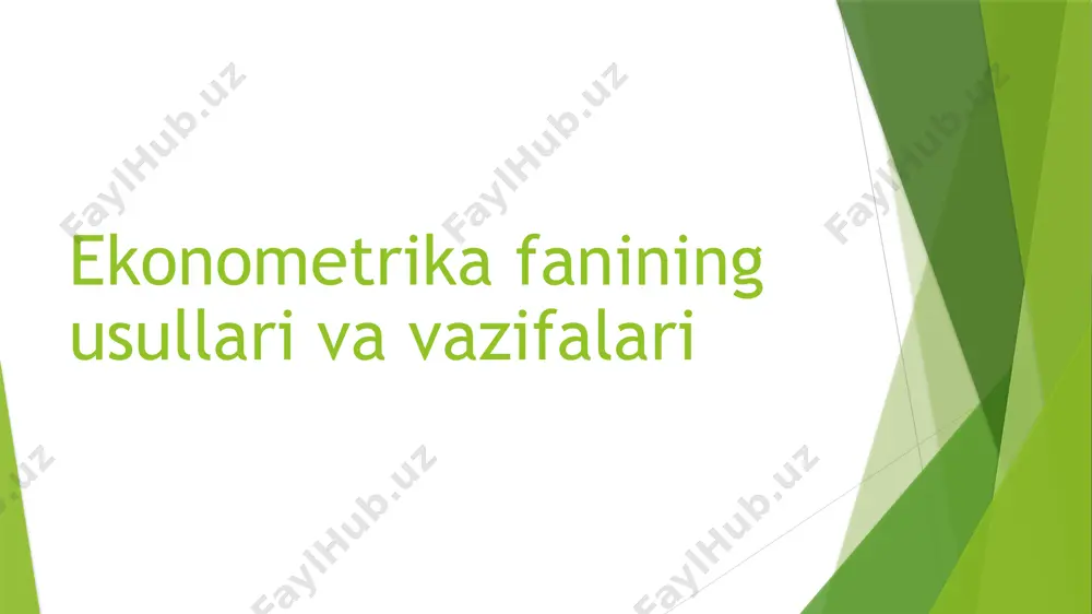 yatga ega bo’lgan iqtisodiy nazariyaning ham o’zi emas. ekonometrika matematikani iqtisodga qo’llash ham emas. tajriba shuni ko’rsatadiki har uchchala statistika, iqtisodiyot nazariyasi va matematika fanlarining komponentalari zamonaviy iqtisodiy xayotni miqdoriy tomonlarini anglash uchun zaruriy, lekin etarli bo’lmagan shartlaridir. bu-uchta fanning birligidir. bu birlik ekonometrikani tashkil etadi”. shunday qilib, ekonometrika-bu iqtisodiy jarayon va hodisalarni o’zaro bog’lanishini miqdor jihatdan ifodalovchi fandir. ekonometrik usullar oliy statistika deb nomlanuvchi juft va ko’p o’lchovli regressiya, juft, xususiy va ko’p o’lchovli korrelyatsiya, trendlarni ajratish va boshqa davriy qatorlar komponentalari, statistik baholash usullari asosida yuzaga kelgan va rivojlangan. r.fisher shunday deb yozgan: “statistik usullar ijtimoiy fanlarda muhim element hisoblanadi va aynan shu usullar yordamida ijtimoiy bilimlar fan darajasigacha ko’tarilishi mumkin”. birinchidan –ekonometrika o’ziga xos bo’lgan usullar tizimi sifatida iqtisodiy o’zgaruvchilar va ular orasidagi bog’lanishlarning xususiyatlarini tasvirlagan xolda o’zining masalalarini aniqlashtirish bilan rivojlana boshladi. regressiya tenglamasiga na faqat birinchi darajali o’zgaruvchilarni kiritildi balki natijaga maksimal yoki minimal (ozmi-ko’pmi) …